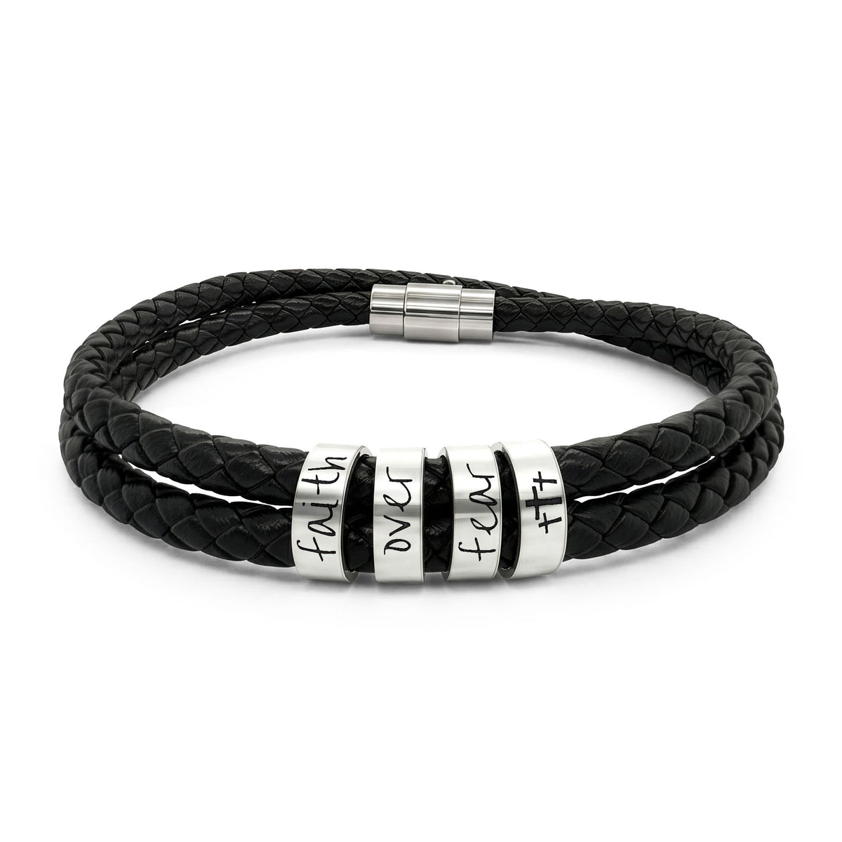 FAITH OVER FEAR - Engravable Braided Leather Bracelet with Stainless Steel Beads