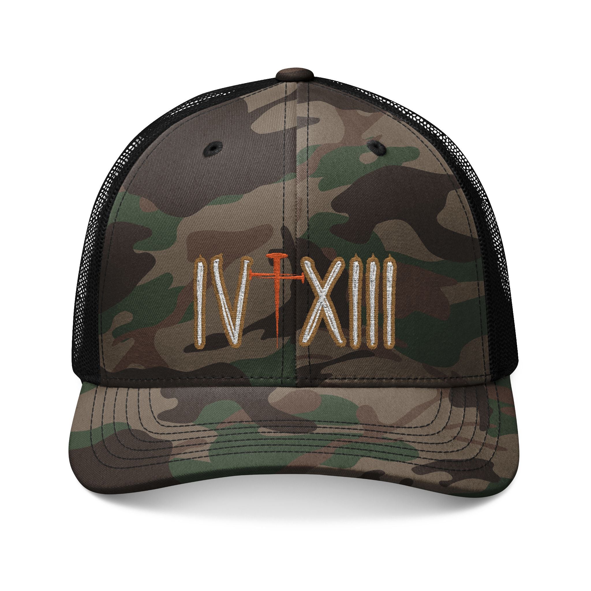 Philippians 4:13 Camo Trucker Hat with Embroidered Cross and IV XIII, Outdoor Adventure Cap, Hunting Hat, Gift for Him, Stylish Military Hat