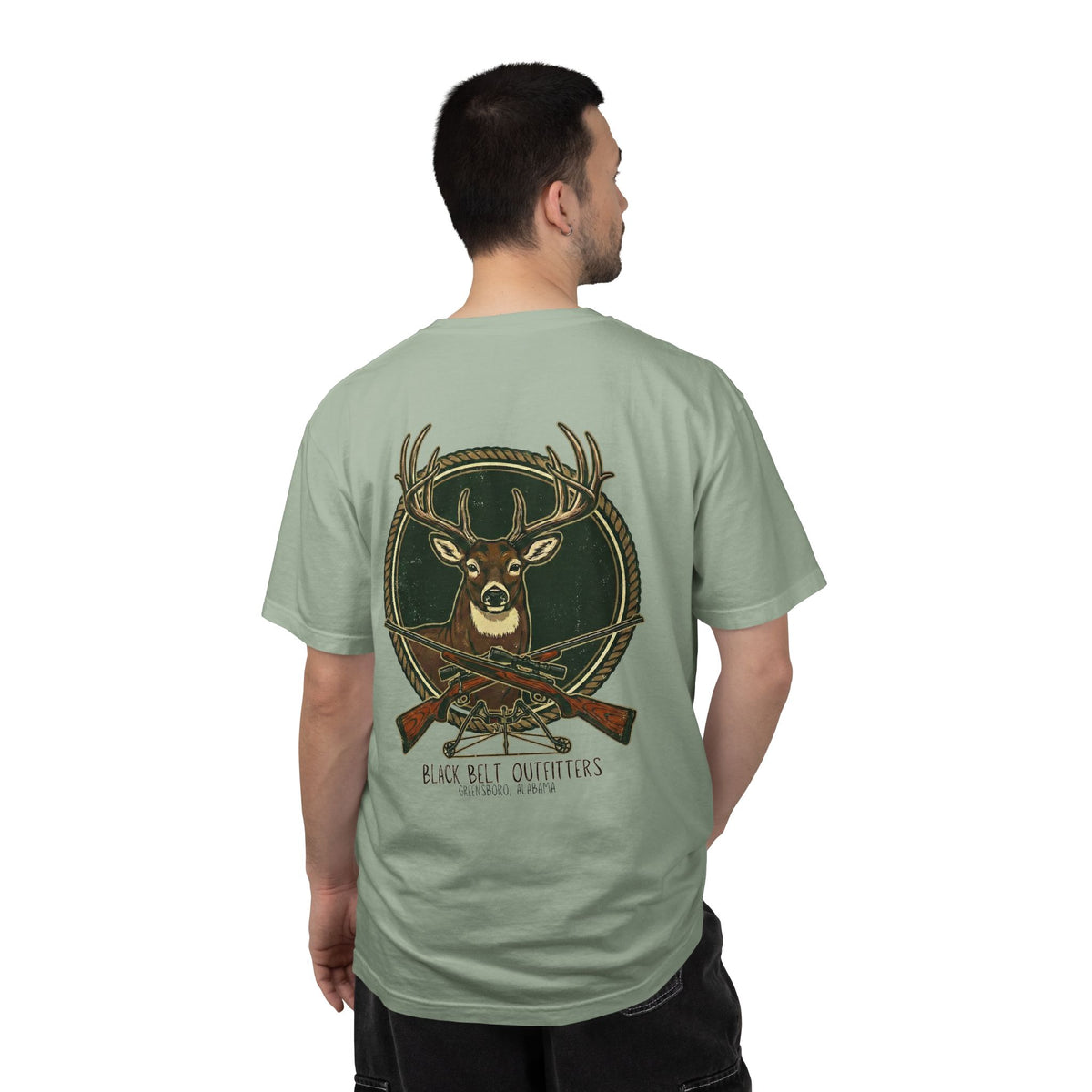 Deer Rifle Graphic T-Shirt — 'Black Belt Outfitters' Hunting Tee