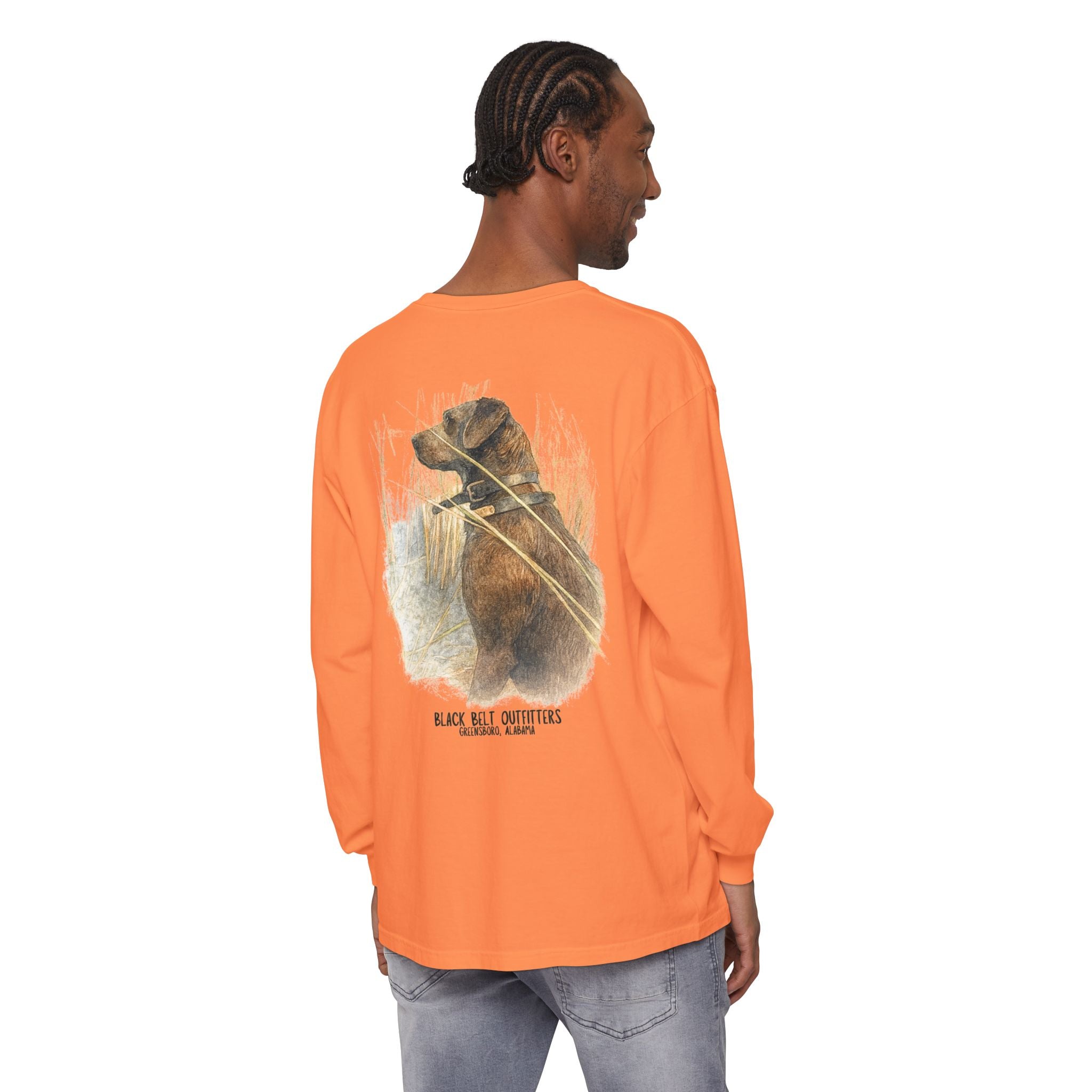 Mae the Duck Dog Lab Unisex Garment-Dyed Long Sleeve T-Shirt, Casual Wear, Gift for Him/Her, Streetwear, Everyday Comfort, Comfortable Layering