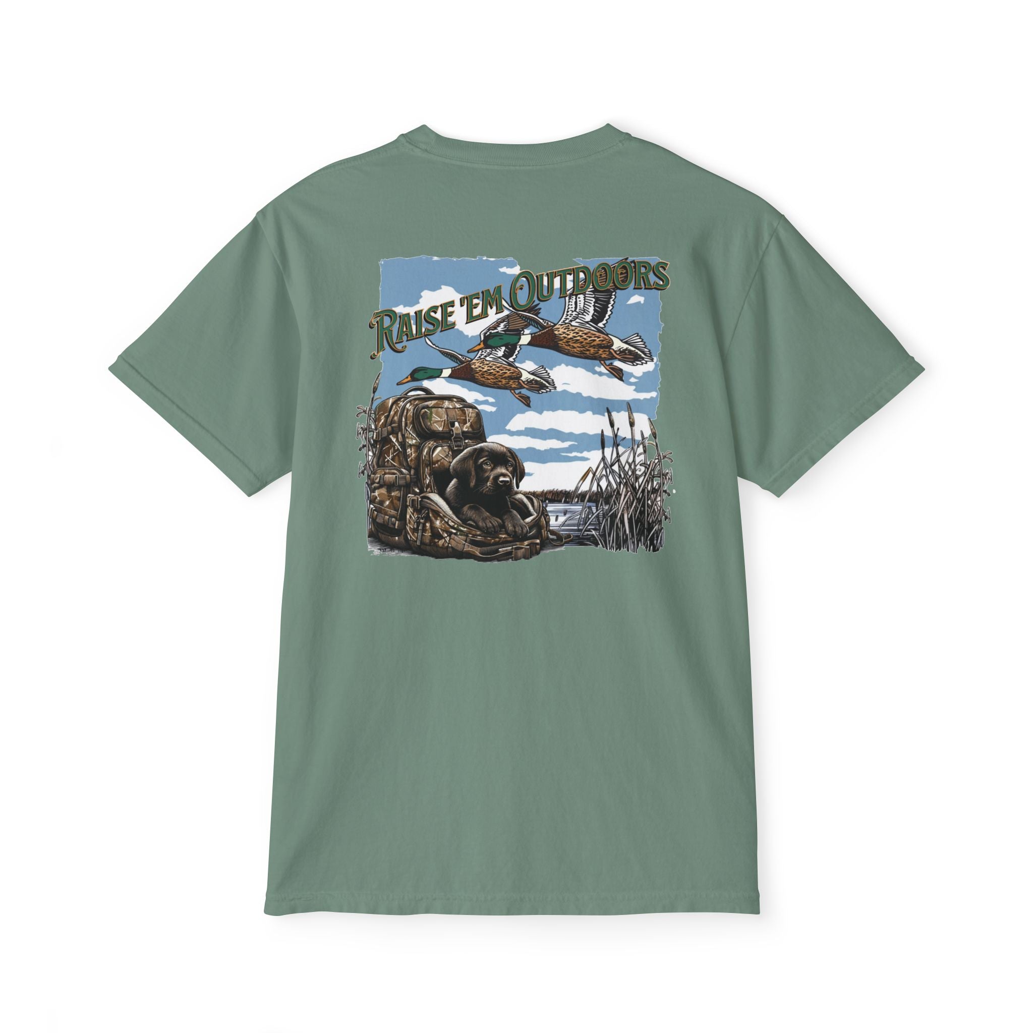 Black belt outfitters hunting, hunting dog , Custom design , Raise them outdoors , Duck hunting , ducks Unisex Garment-Dyed Pocket T-Shirt