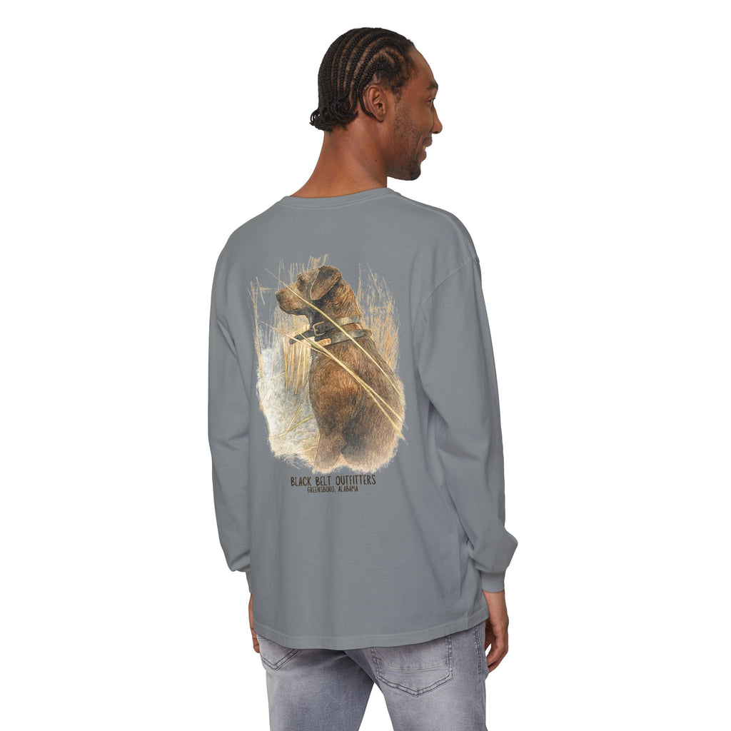 Mae the Duck Dog Lab Unisex Garment-Dyed Long Sleeve T-Shirt, Casual Wear, Gift for Him/Her, Streetwear, Everyday Comfort, Comfortable Layering