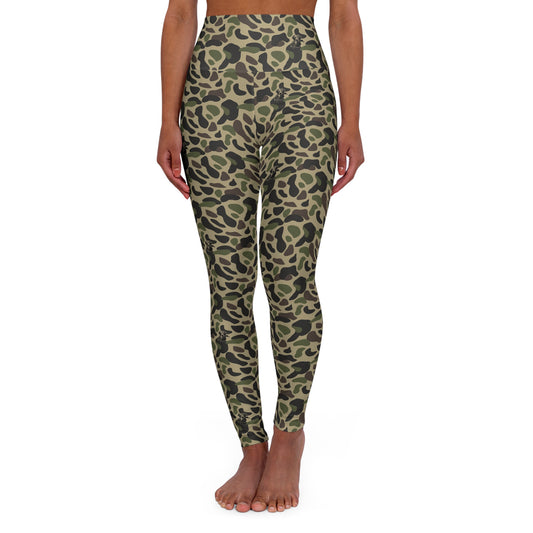 RiverDog Duck Hunting Camo High-Waist Yoga Leggings — Olive Green Leopard Print AOP