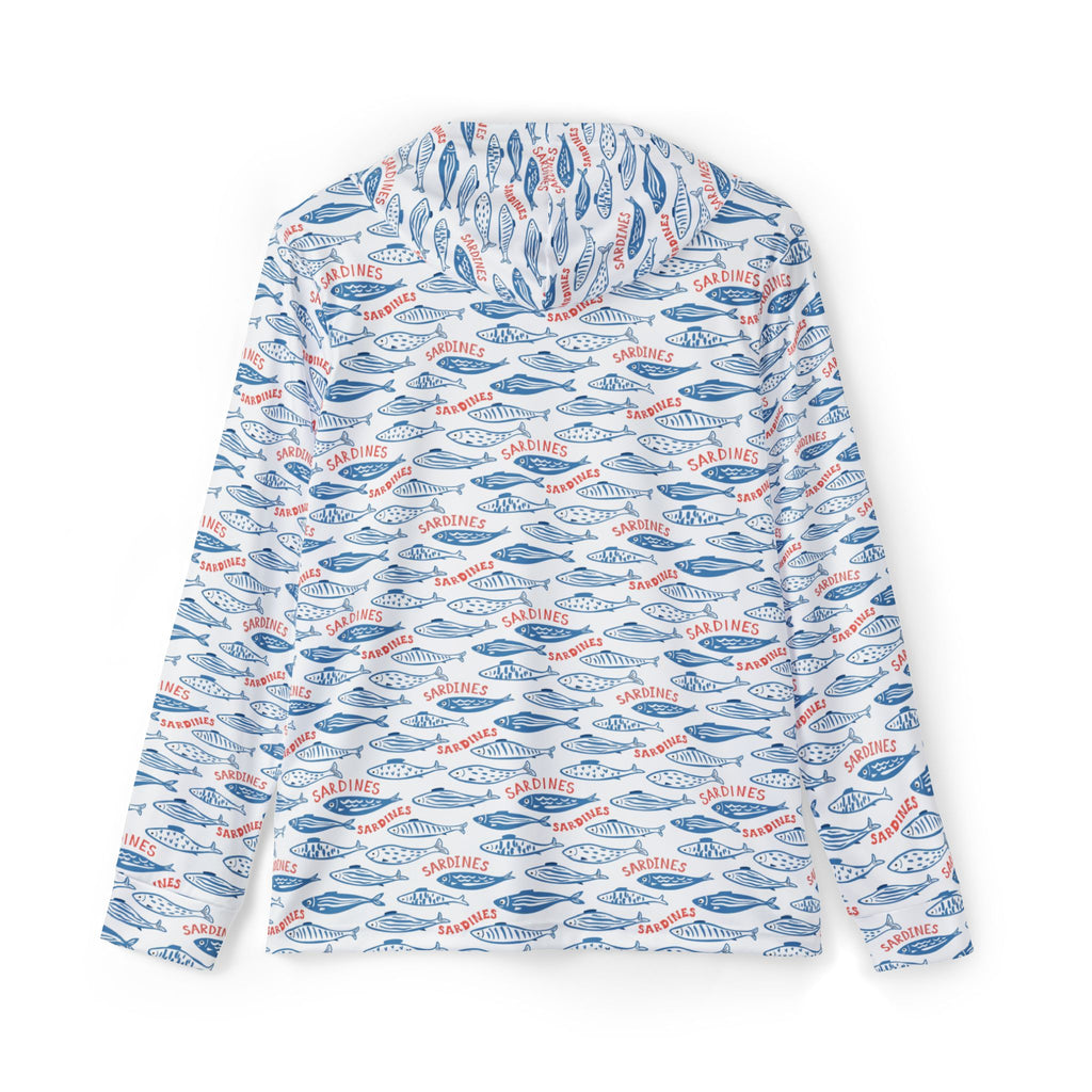Whimsy Sardine Pattern Warmup Hoodie – All-Over-Print Coastal Fishing Pullover