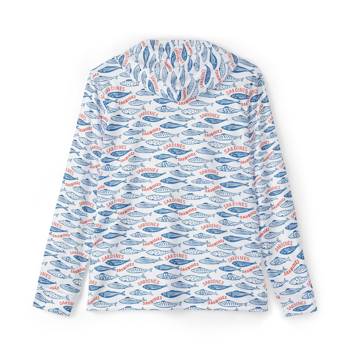 Whimsy Sardine Pattern Warmup Hoodie – All-Over-Print Coastal Fishing Pullover