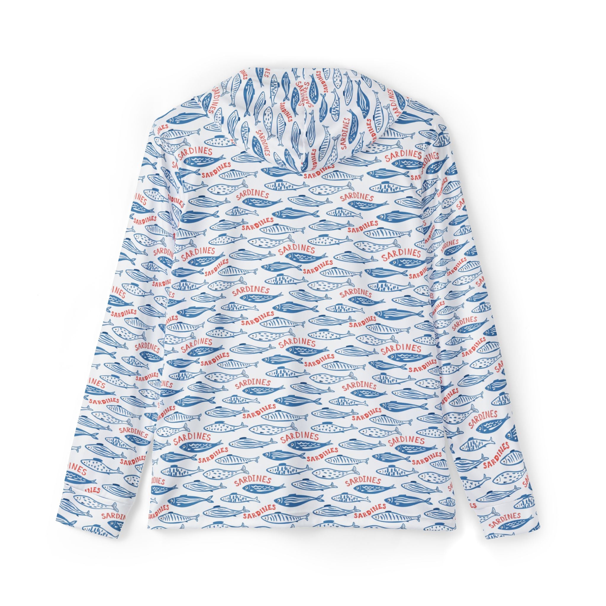 Whimsy Sardine Pattern Warmup Hoodie – All-Over-Print Coastal Fishing Pullover