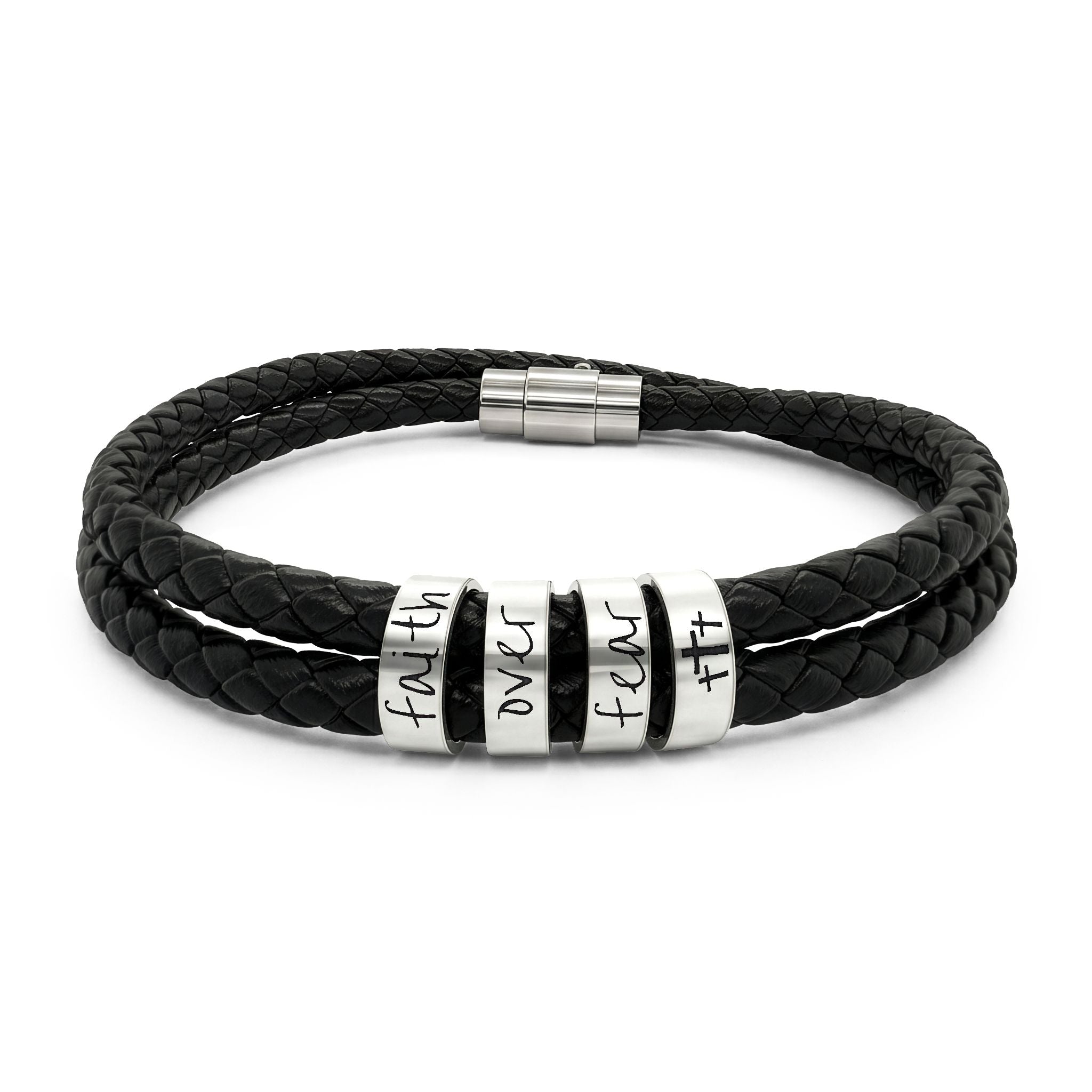 FAITH OVER FEAR - Engravable Braided Leather Bracelet with Stainless Steel Beads