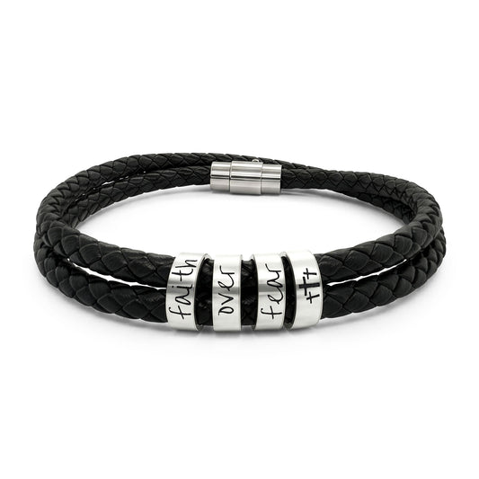 FAITH OVER FEAR - Engravable Braided Leather Bracelet with Stainless Steel Beads