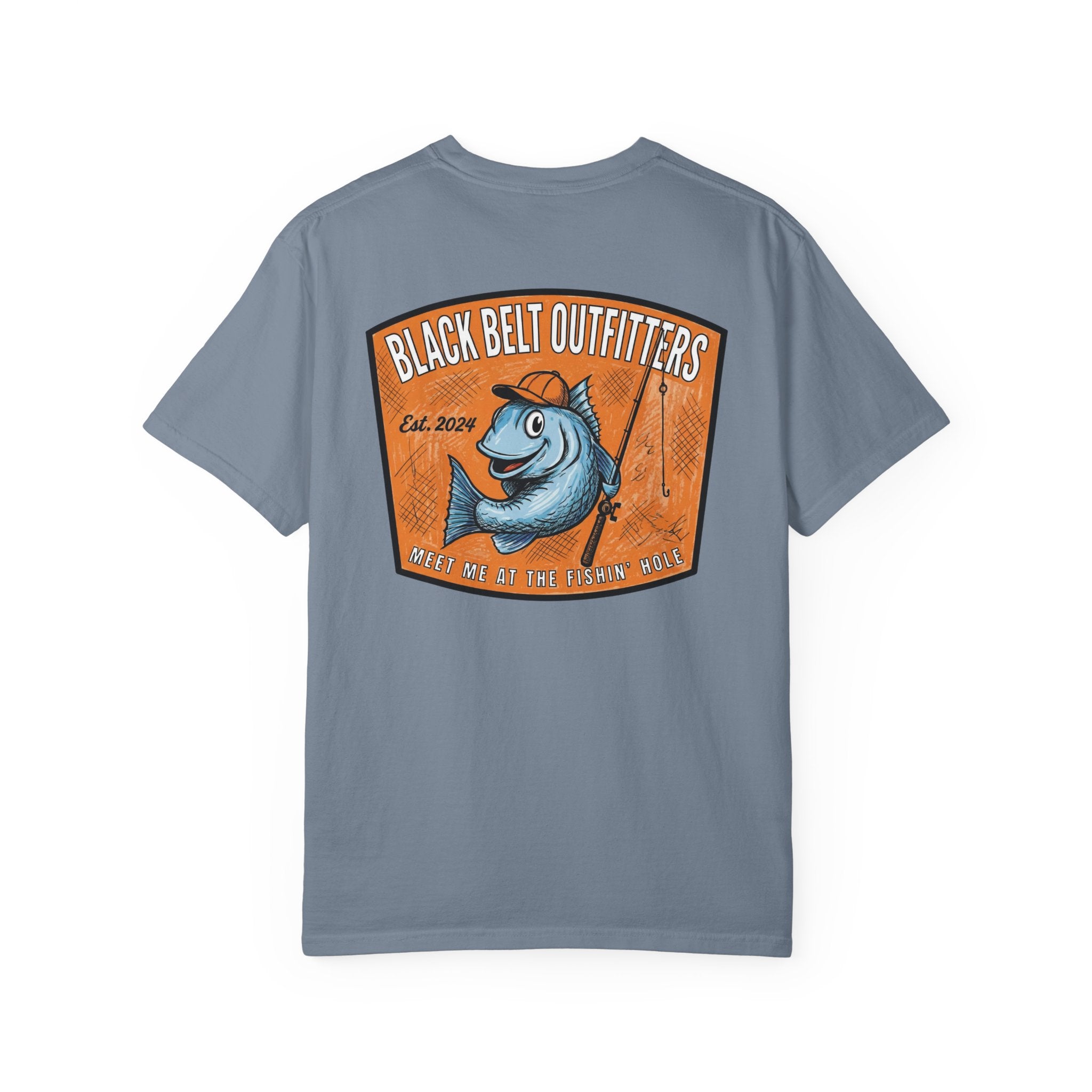 Meet Me at the Fishin’ Hole Fishing Logo T-Shirt — “Black Belt Outfitters” Vintage Fish Graphic