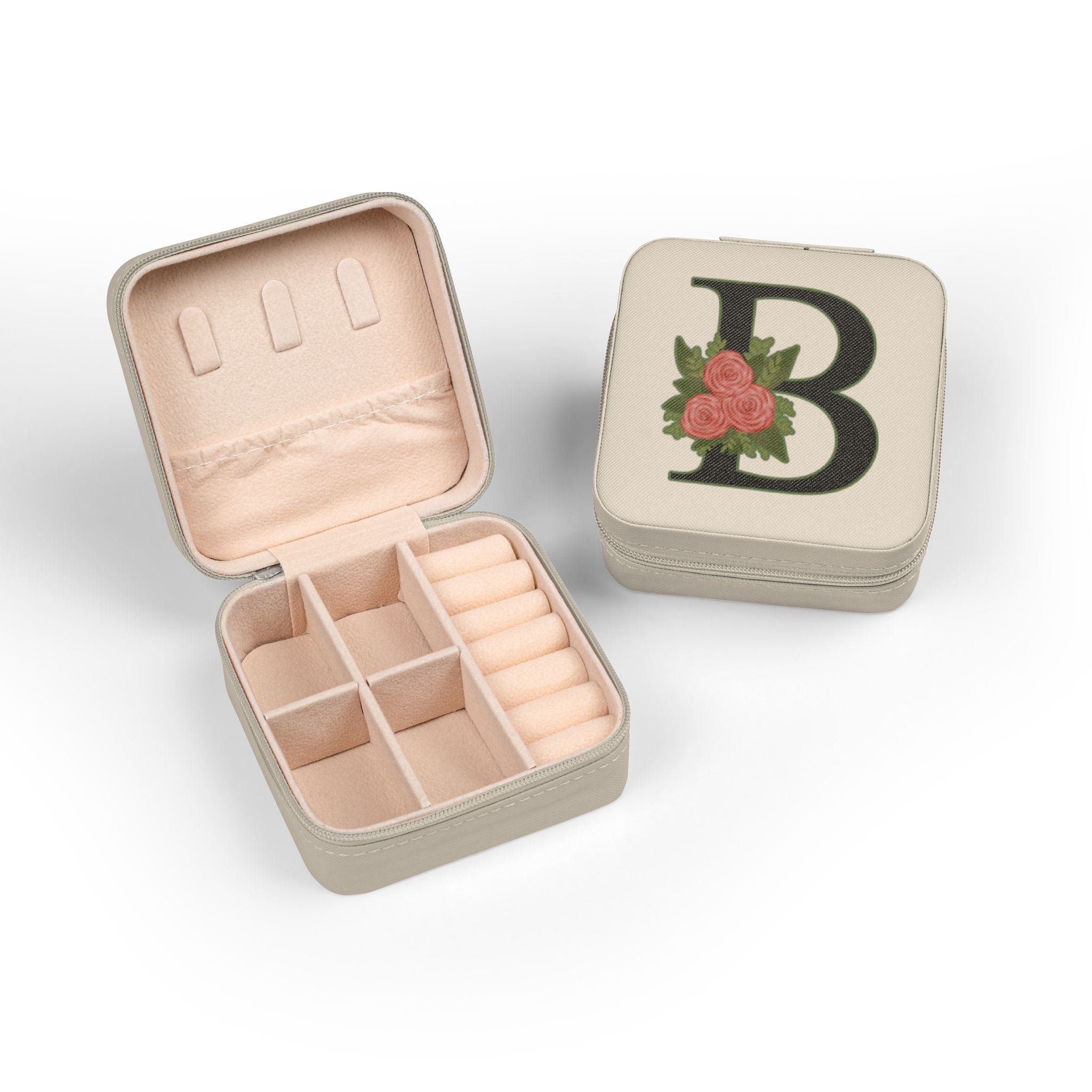 Monogram 'B' Floral Jewelry Travel Case — Compact Pink Jewelry Organizer