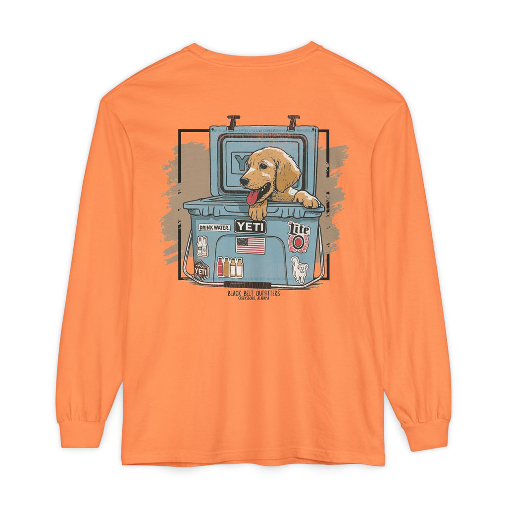 Lab Puppy in Cooler Unisex Garment-Dyed Long Sleeve T-Shirt, Casual Wear, Gift for Him/Her, Streetwear, Everyday Comfort, Comfortable Layering