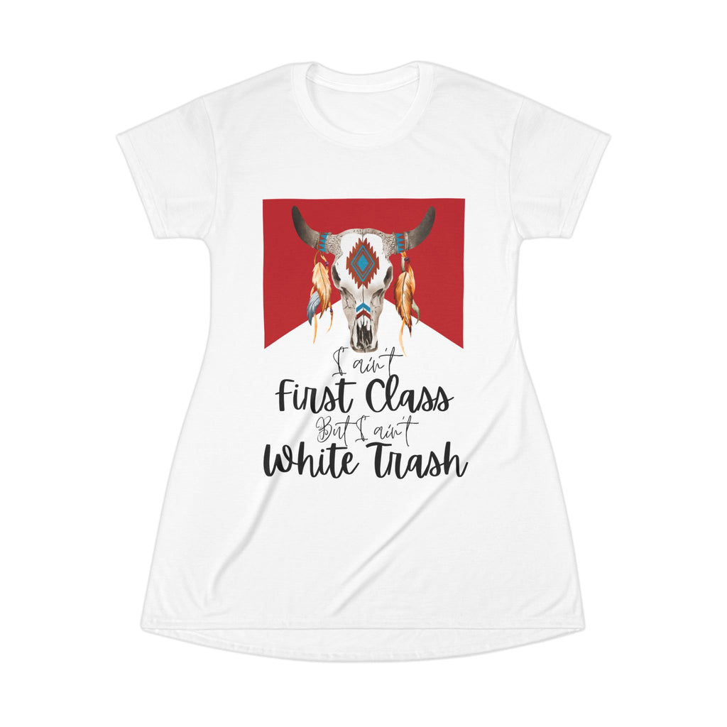 Boho Cow Skull T-Shirt Dress — “Not First Class But Not White Trash” Graphic
