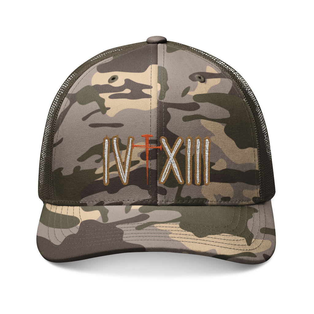 Philippians 4:13 Camo Trucker Hat with Embroidered Cross and IV XIII, Outdoor Adventure Cap, Hunting Hat, Gift for Him, Stylish Military Hat