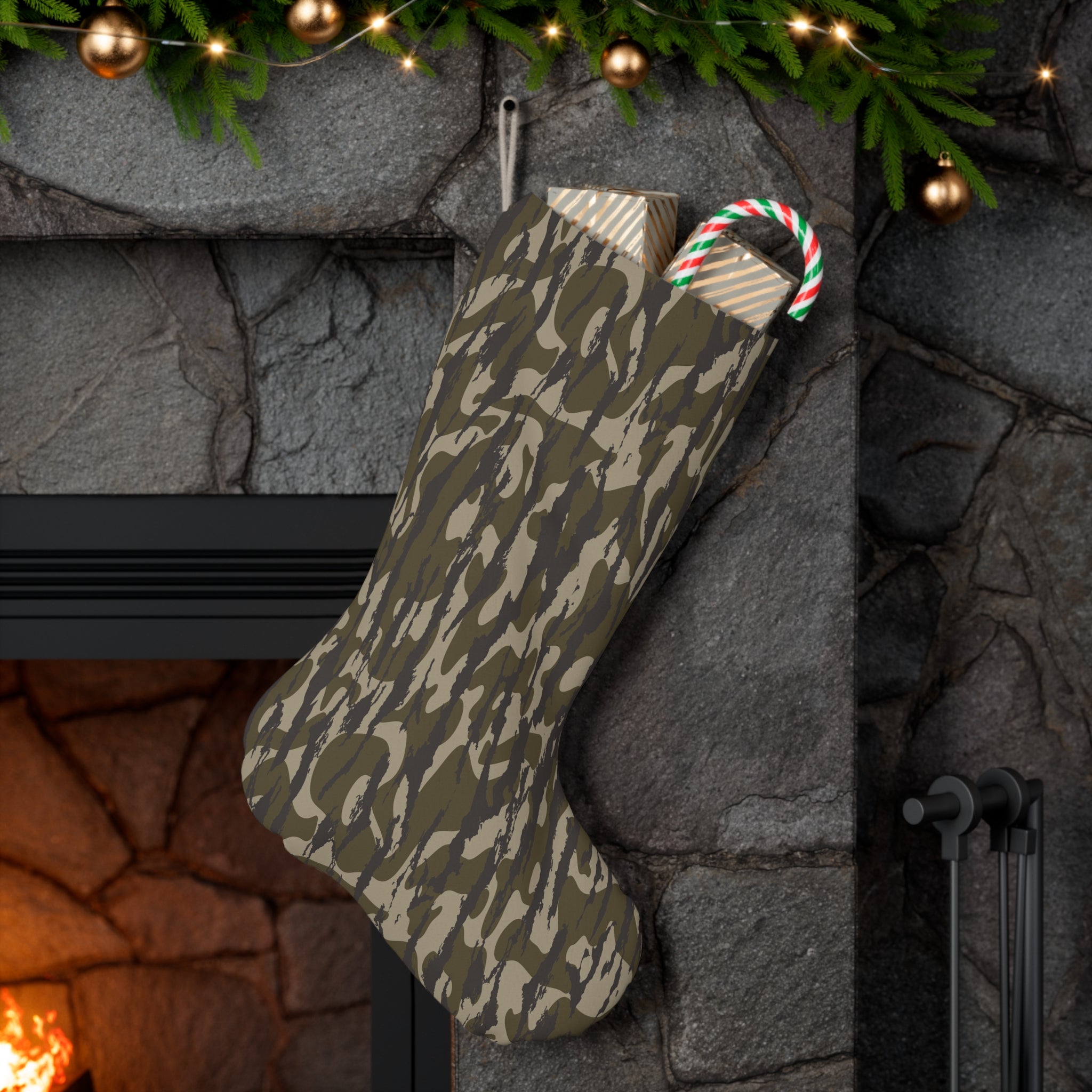 Trendy Camo Santa Stocking, Festive Holiday Decoration, Unique Christmas Stocking, Military Style Stocking for Gifts, Eco-Friendly Decor