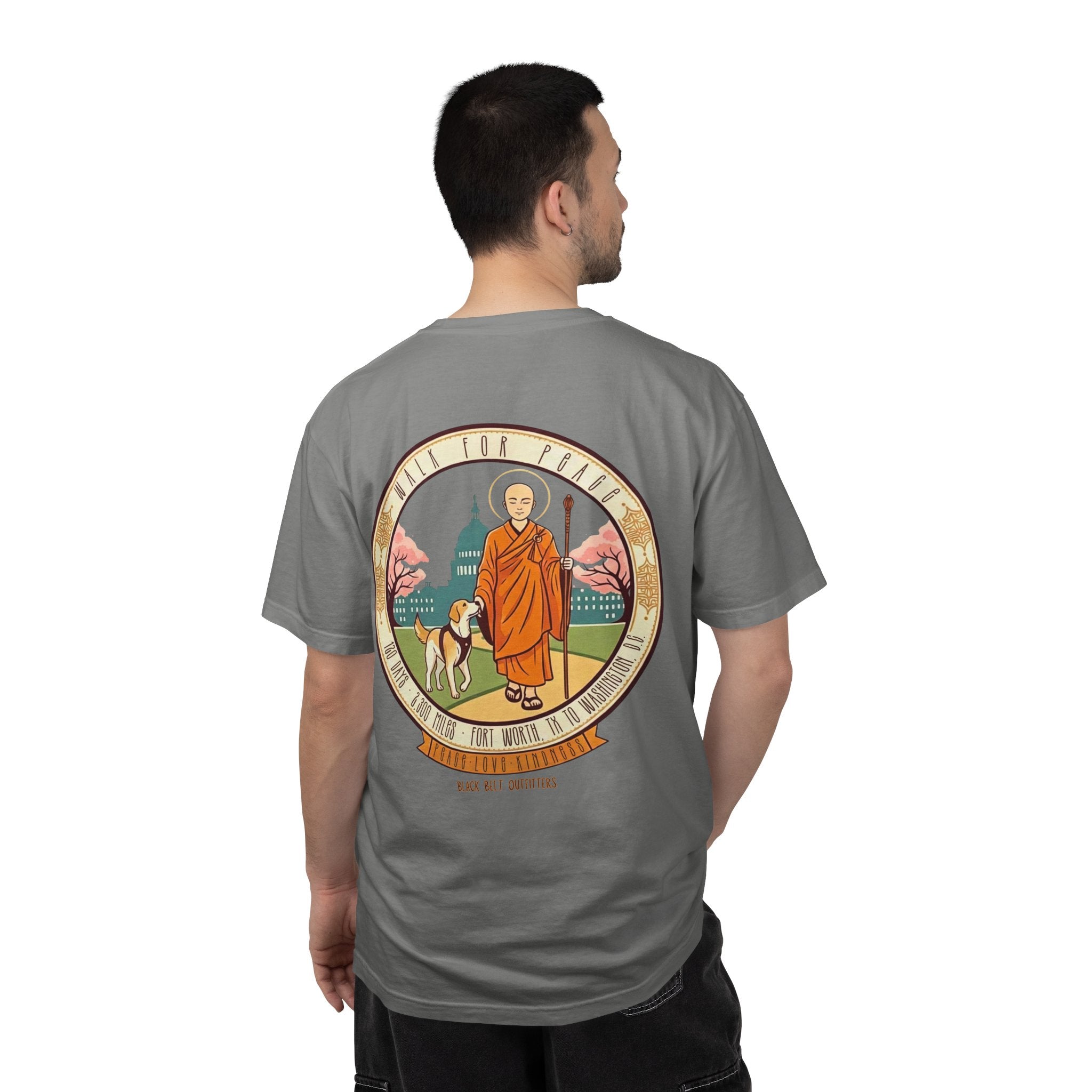 Walk for Peace T‑Shirt — Buddhist Monk & Dog Illustration
