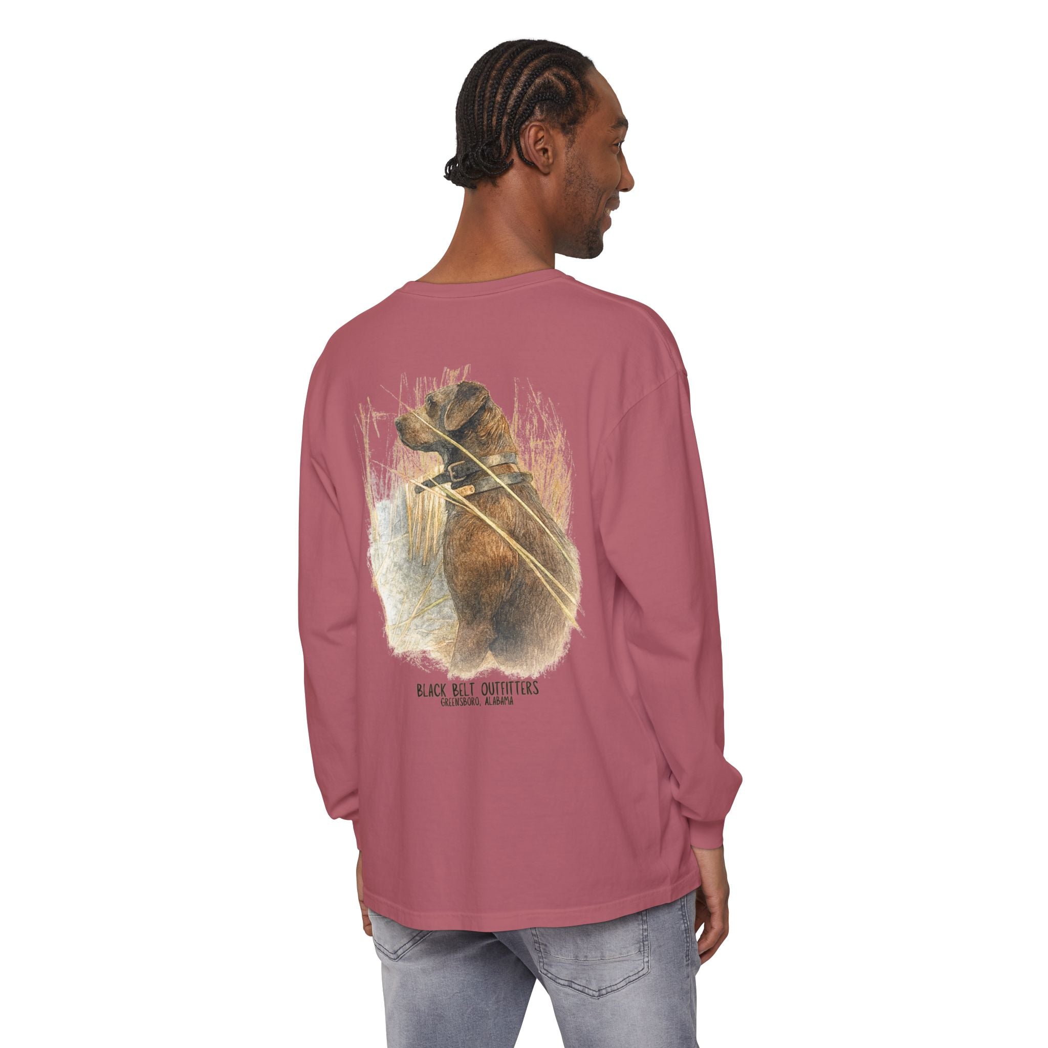 Mae the Duck Dog Lab Unisex Garment-Dyed Long Sleeve T-Shirt, Casual Wear, Gift for Him/Her, Streetwear, Everyday Comfort, Comfortable Layering