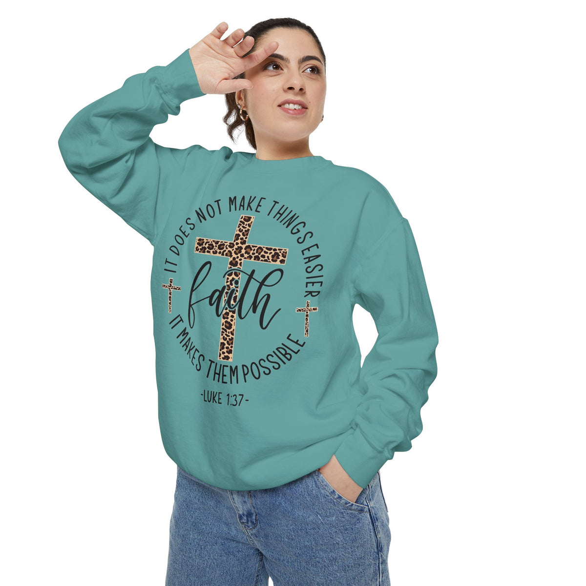 Faith Leopard Cross Sweatshirt — "Faith Makes Them Possible" Inspirational Pullover