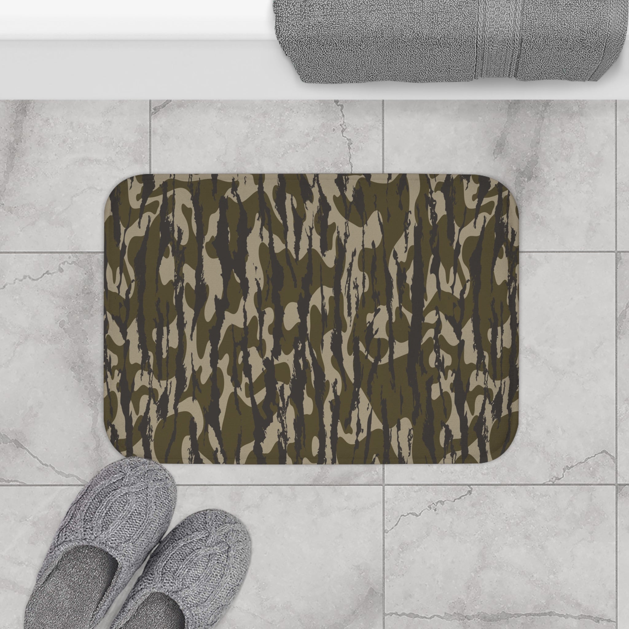 Trendy Camo Bath Mat, Rug for Modern Bathroom Decor, Stylish Home Accessory, Gift for Military Enthusiasts, Nature-Inspired Design