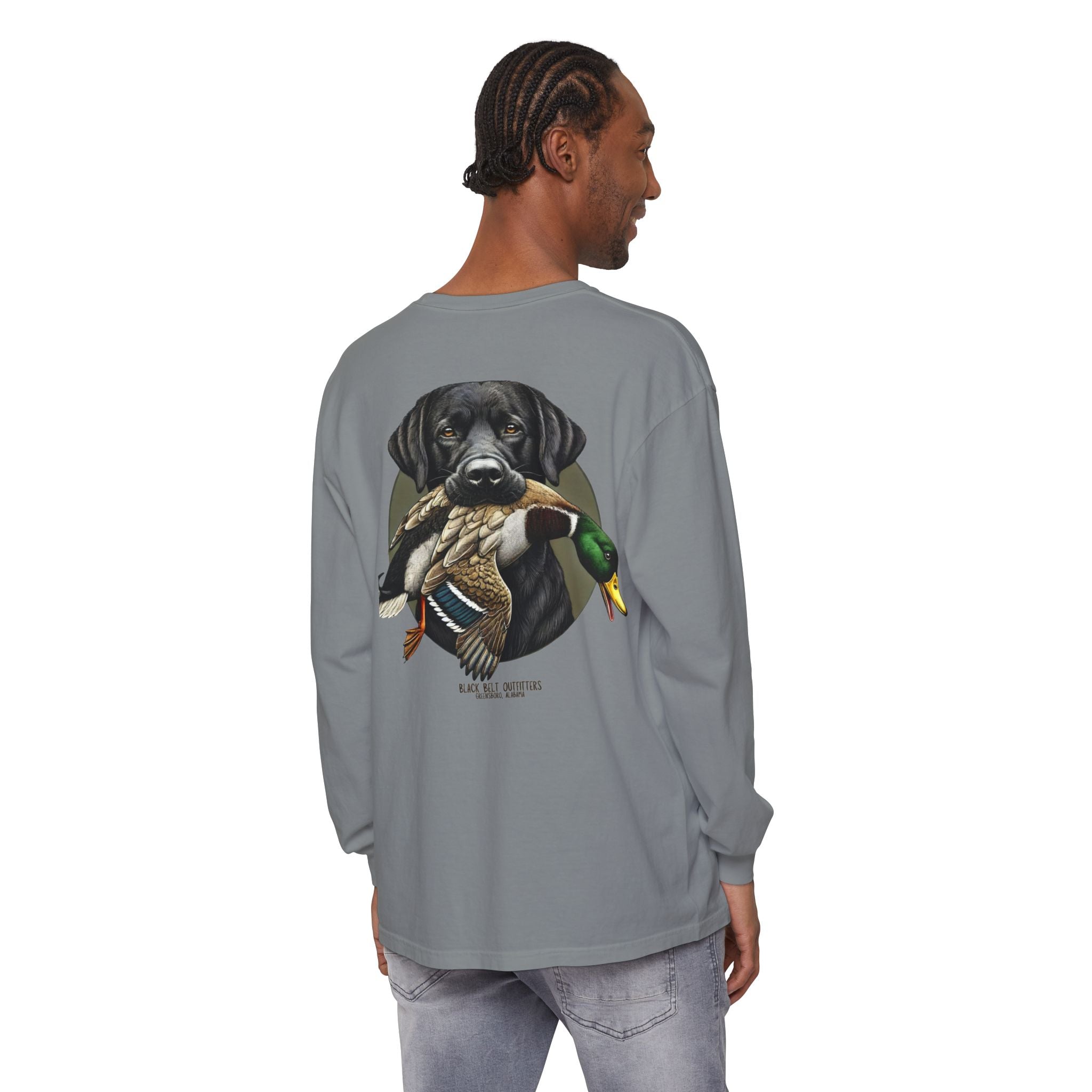Black Lab Duck Dog Unisex Garment-Dyed Long Sleeve T-Shirt, Casual Wear, Gift for Him/Her, Streetwear, Everyday Comfort, Comfortable Layering