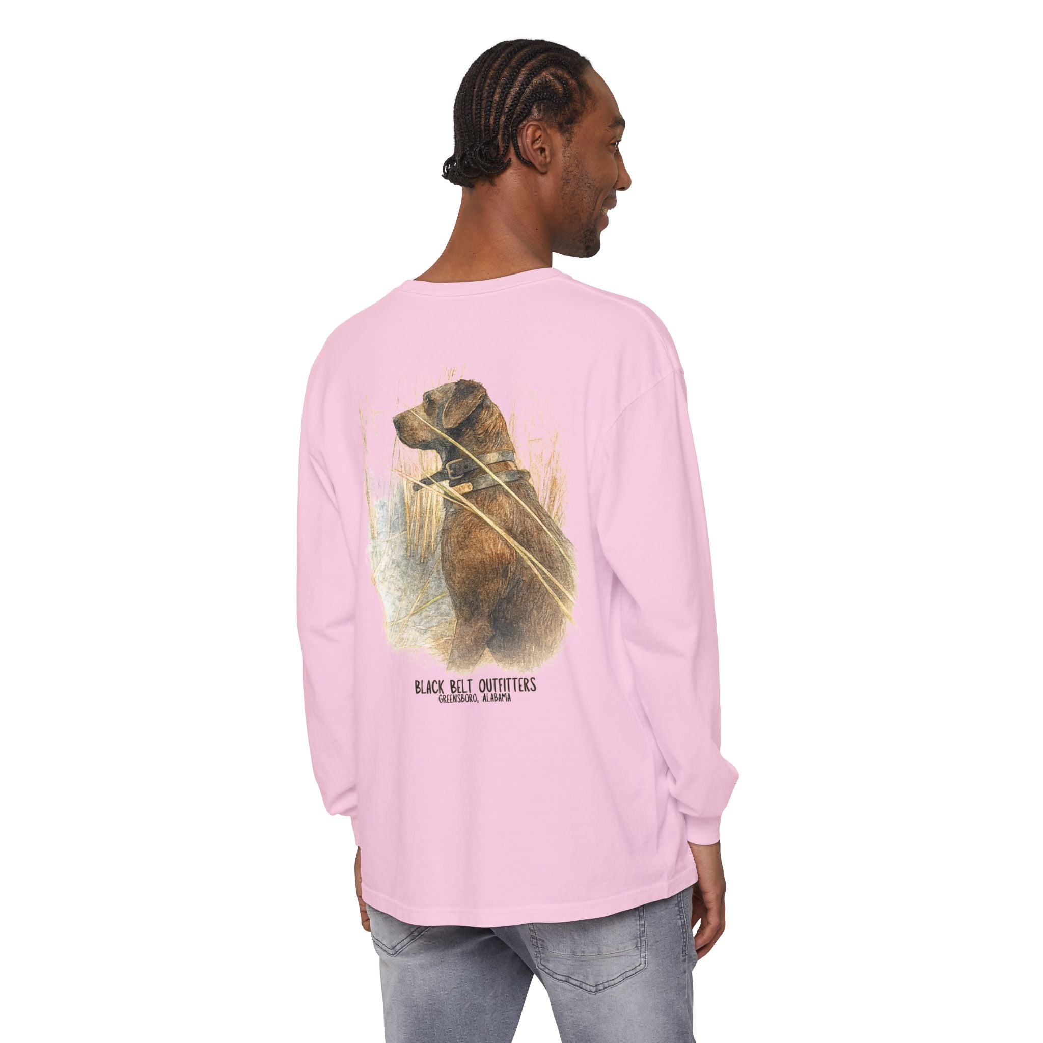 Mae the Duck Dog Lab Unisex Garment-Dyed Long Sleeve T-Shirt, Casual Wear, Gift for Him/Her, Streetwear, Everyday Comfort, Comfortable Layering