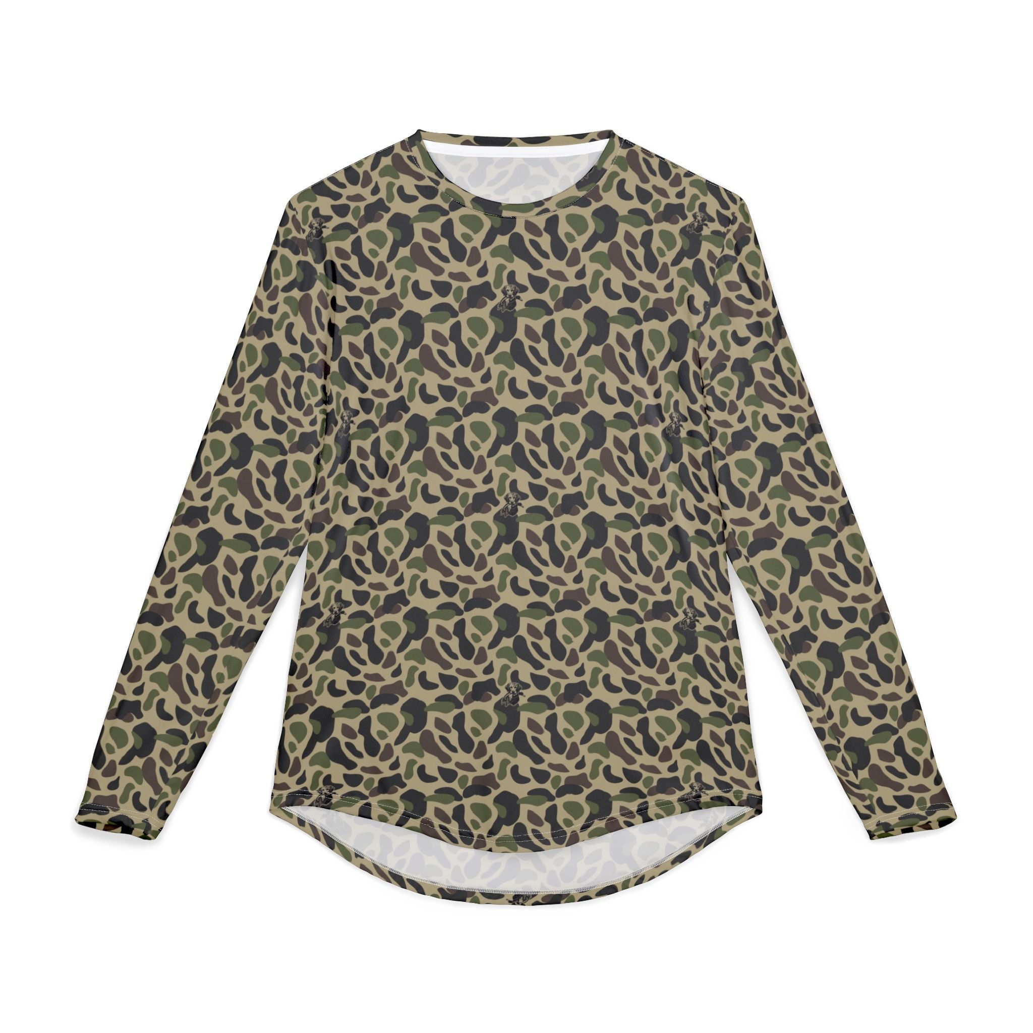 RiverDog Duck Hunting Camo Long Sleeve UV Shirt — All-Over Olive Leopard Print