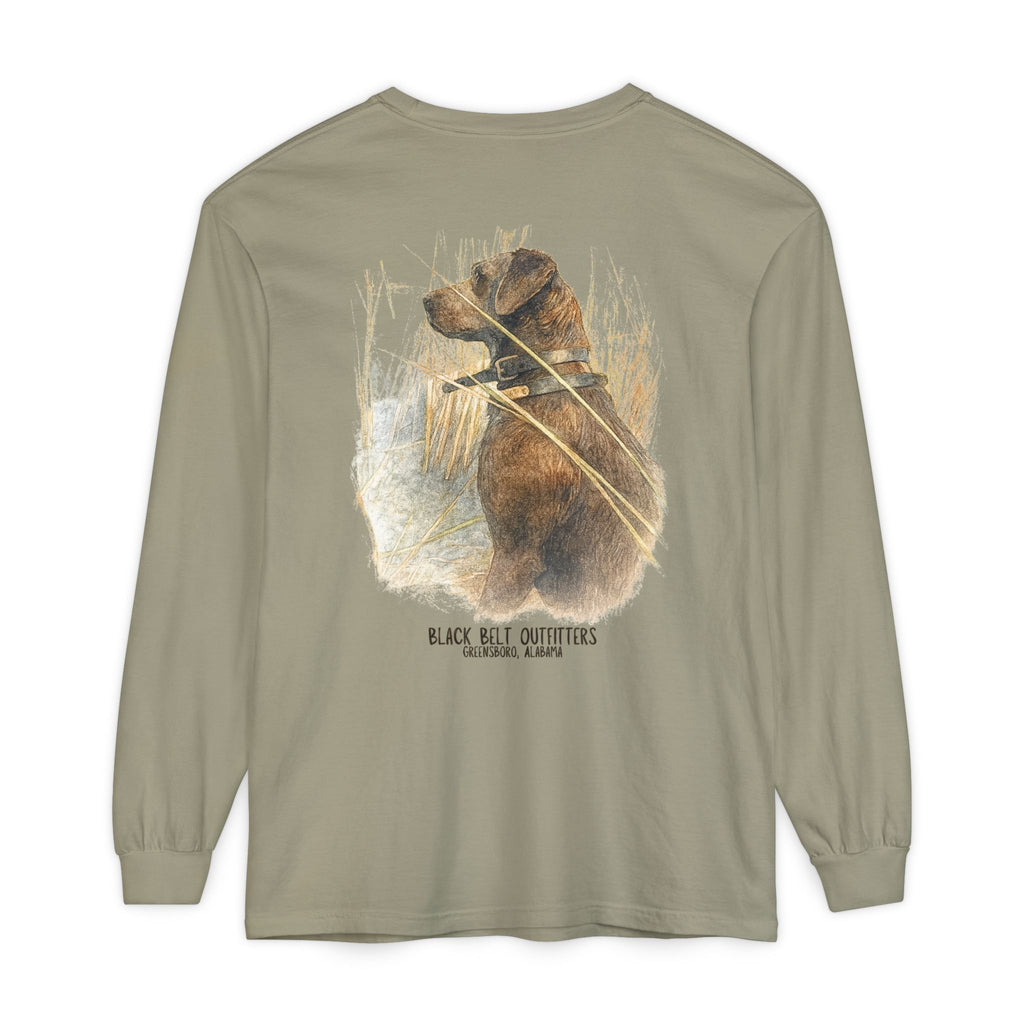 Mae the Duck Dog Lab Unisex Garment-Dyed Long Sleeve T-Shirt, Casual Wear, Gift for Him/Her, Streetwear, Everyday Comfort, Comfortable Layering