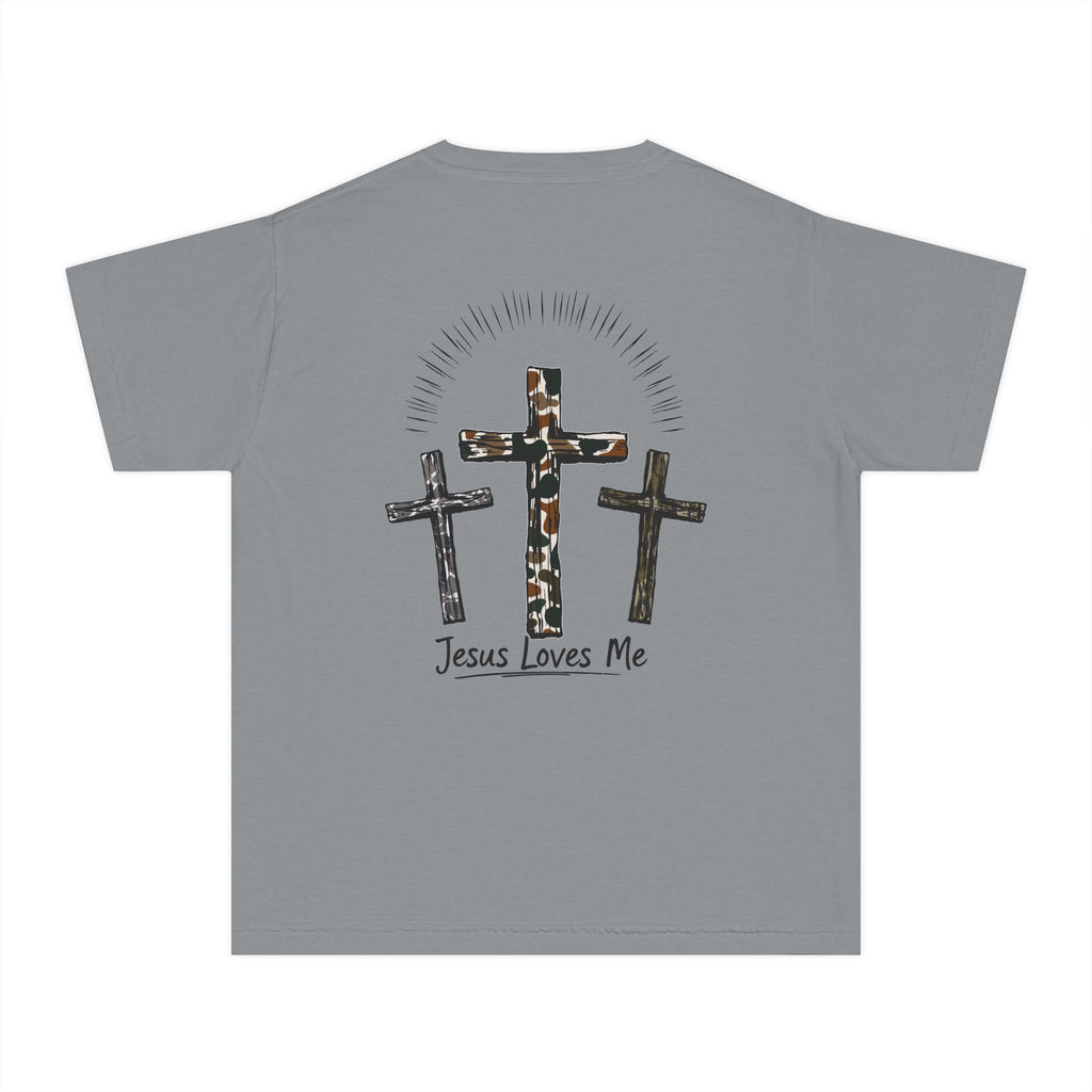 JESUS LOVES ME Camo Crosses Youth Midweight Tee - Fun Farm-Themed Shirt