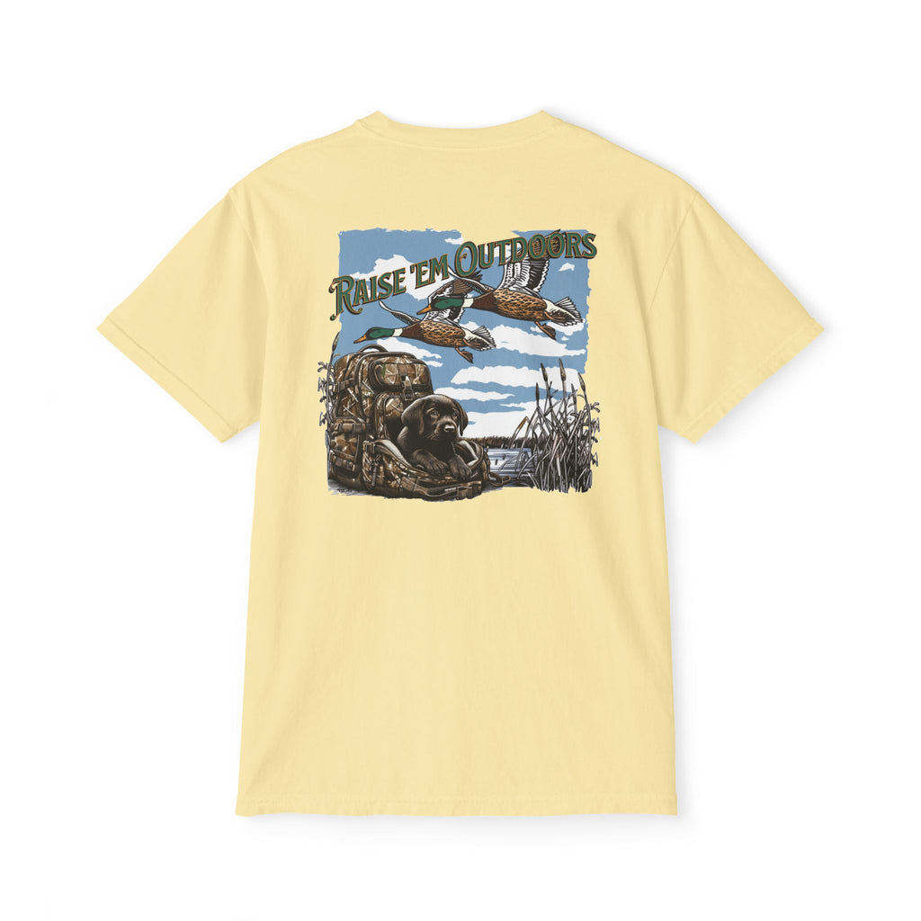 Black belt outfitters hunting, hunting dog , Custom design , Raise them outdoors , Duck hunting , ducks Unisex Garment-Dyed Pocket T-Shirt