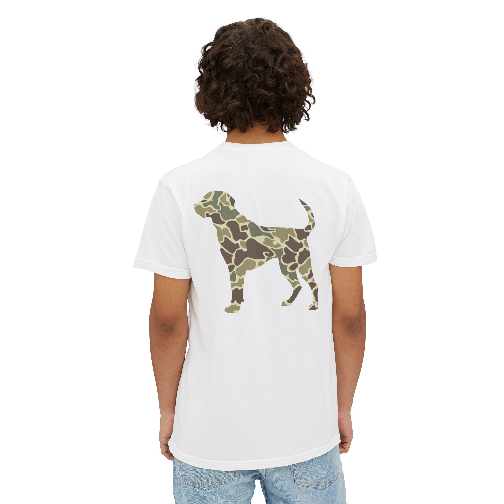 Black belt outfitters hunting dog , old camo, Custom design , Raise them outdoors , Duck hunting , ducks Unisex Garment-Dyed Pocket T-Shirt