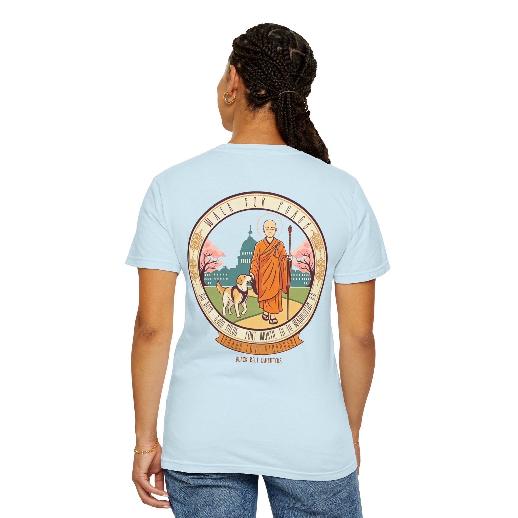 Walk for Peace T‑Shirt — Buddhist Monk & Dog Illustration
