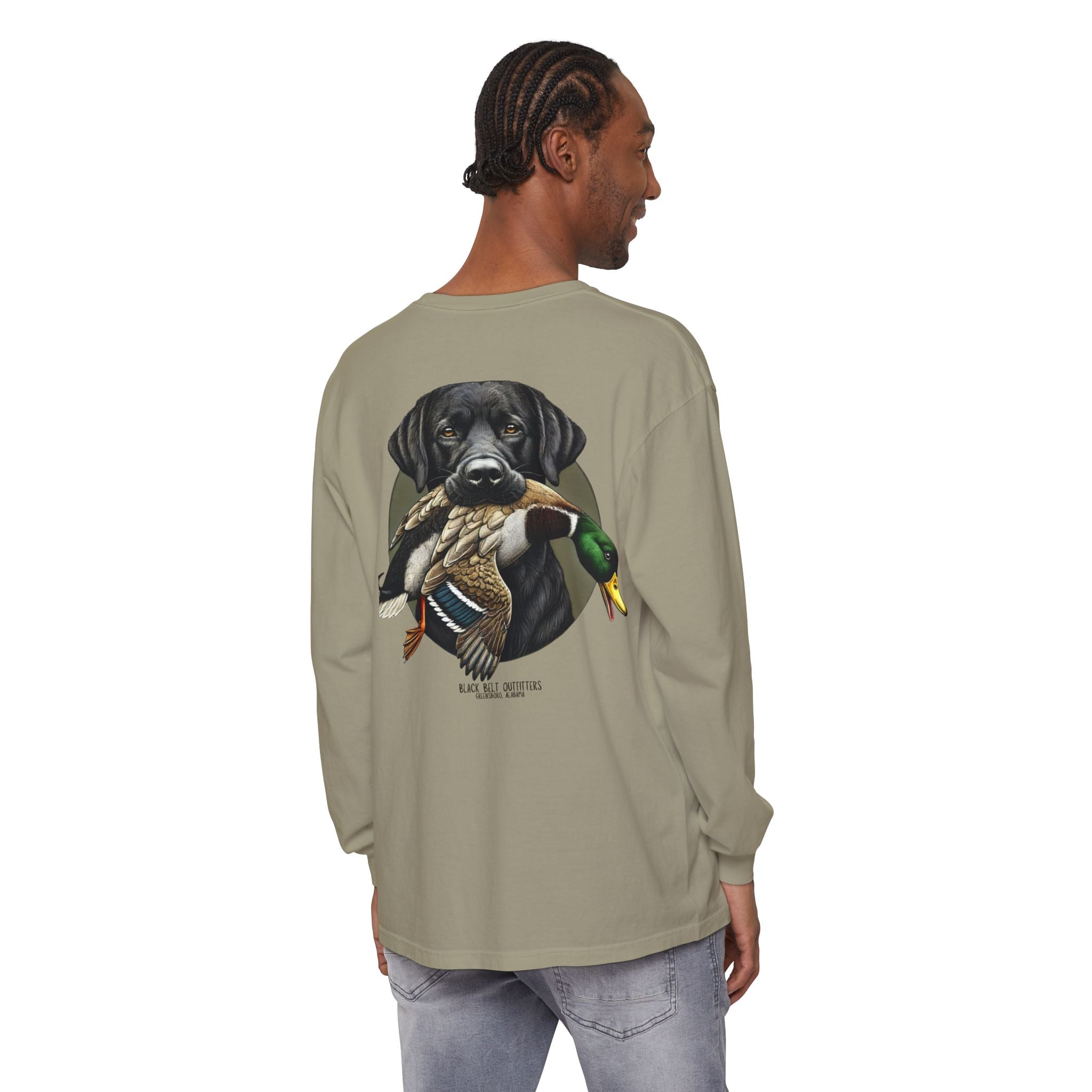 Black Lab Duck Dog Unisex Garment-Dyed Long Sleeve T-Shirt, Casual Wear, Gift for Him/Her, Streetwear, Everyday Comfort, Comfortable Layering