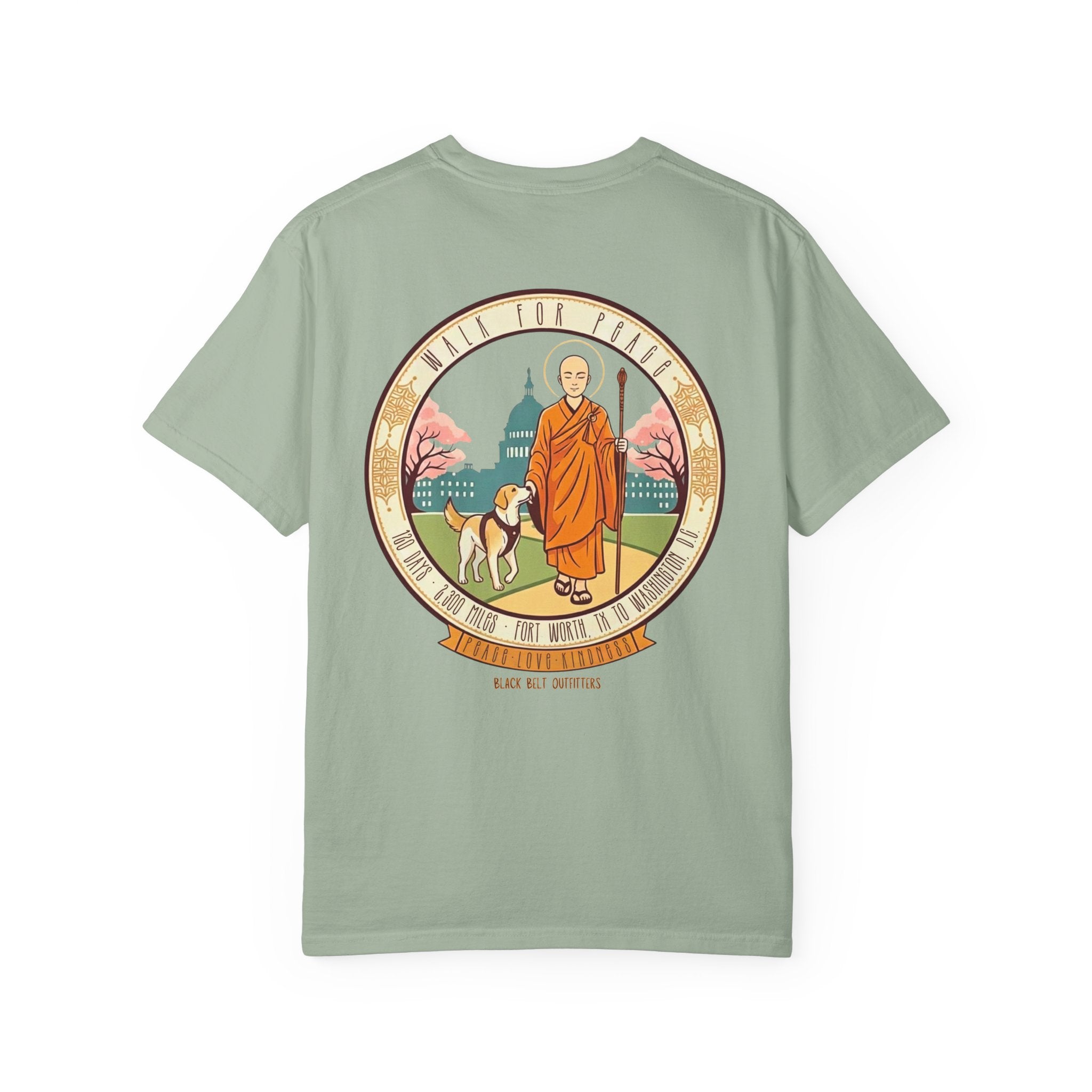 Walk for Peace T‑Shirt — Buddhist Monk & Dog Illustration