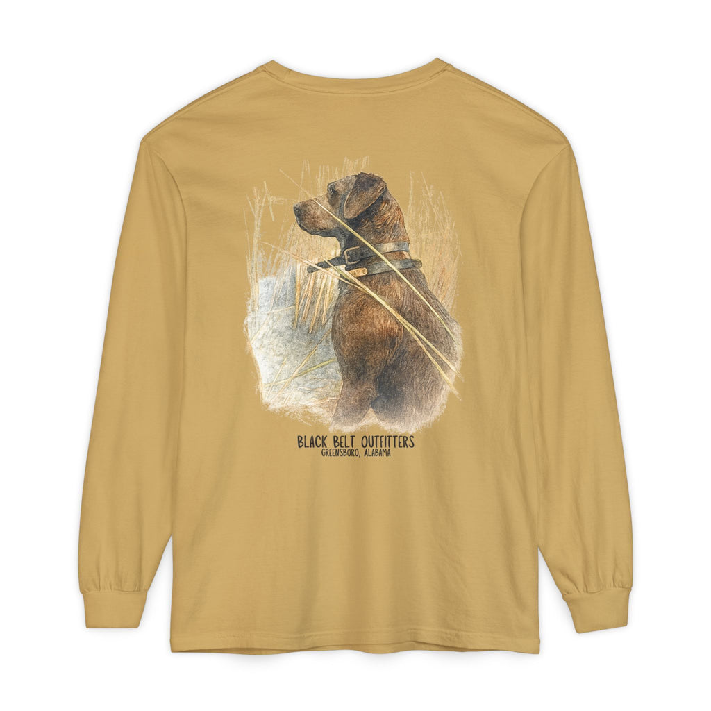 Mae the Duck Dog Lab Unisex Garment-Dyed Long Sleeve T-Shirt, Casual Wear, Gift for Him/Her, Streetwear, Everyday Comfort, Comfortable Layering