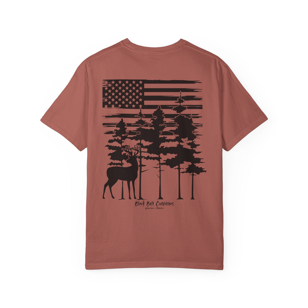 American Flag Whitetail  Unisex Garment-Dyed Pocket T-Shirt