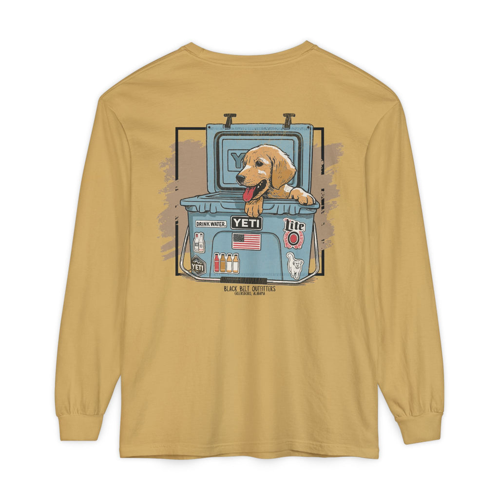 Lab Puppy in Cooler Unisex Garment-Dyed Long Sleeve T-Shirt, Casual Wear, Gift for Him/Her, Streetwear, Everyday Comfort, Comfortable Layering