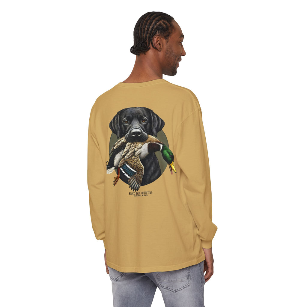 Black Lab Duck Dog Unisex Garment-Dyed Long Sleeve T-Shirt, Casual Wear, Gift for Him/Her, Streetwear, Everyday Comfort, Comfortable Layering