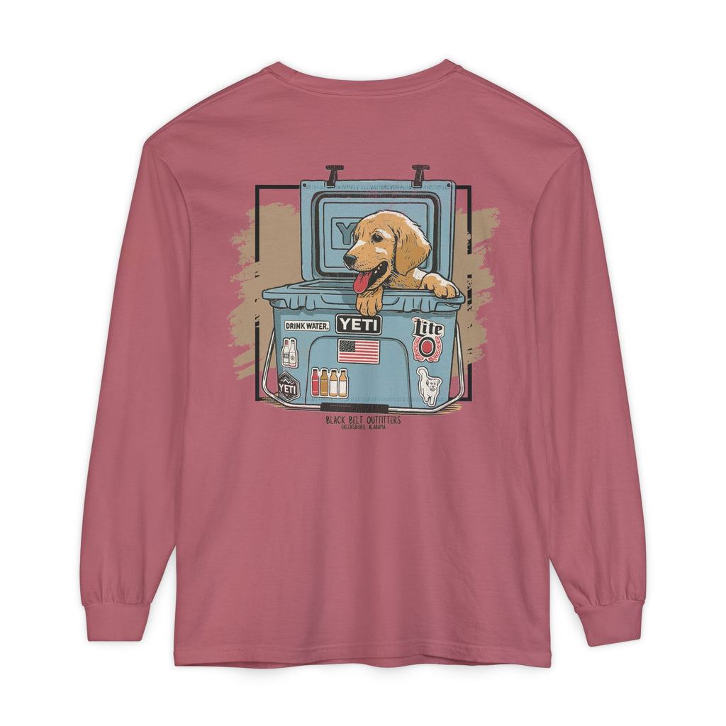 Lab Puppy in Cooler Unisex Garment-Dyed Long Sleeve T-Shirt, Casual Wear, Gift for Him/Her, Streetwear, Everyday Comfort, Comfortable Layering