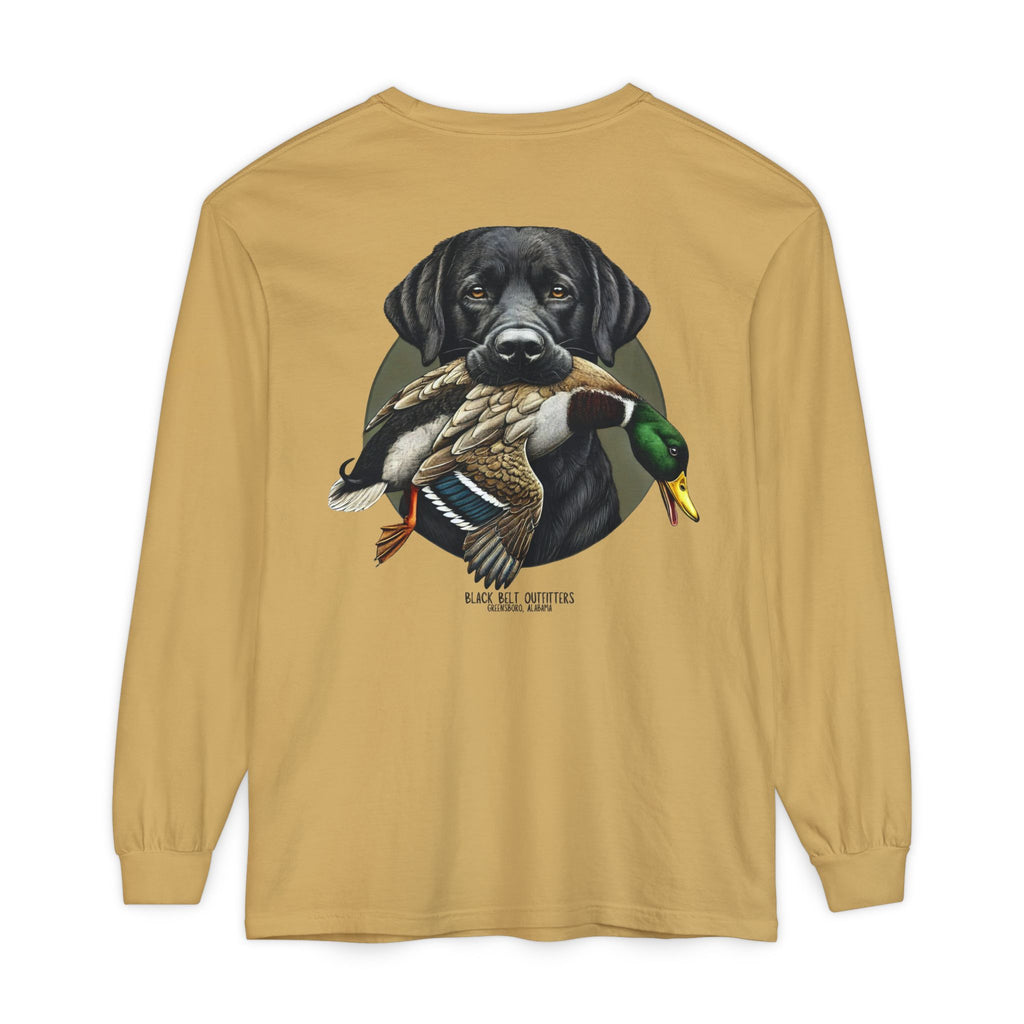 Black Lab Duck Dog Unisex Garment-Dyed Long Sleeve T-Shirt, Casual Wear, Gift for Him/Her, Streetwear, Everyday Comfort, Comfortable Layering