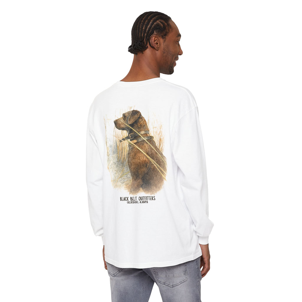 Mae the Duck Dog Lab Unisex Garment-Dyed Long Sleeve T-Shirt, Casual Wear, Gift for Him/Her, Streetwear, Everyday Comfort, Comfortable Layering