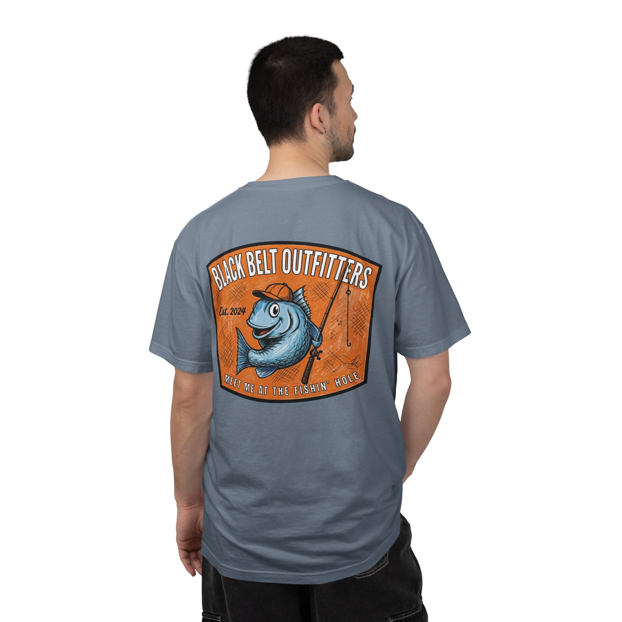 Meet Me at the Fishin’ Hole Fishing Logo T-Shirt — “Black Belt Outfitters” Vintage Fish Graphic
