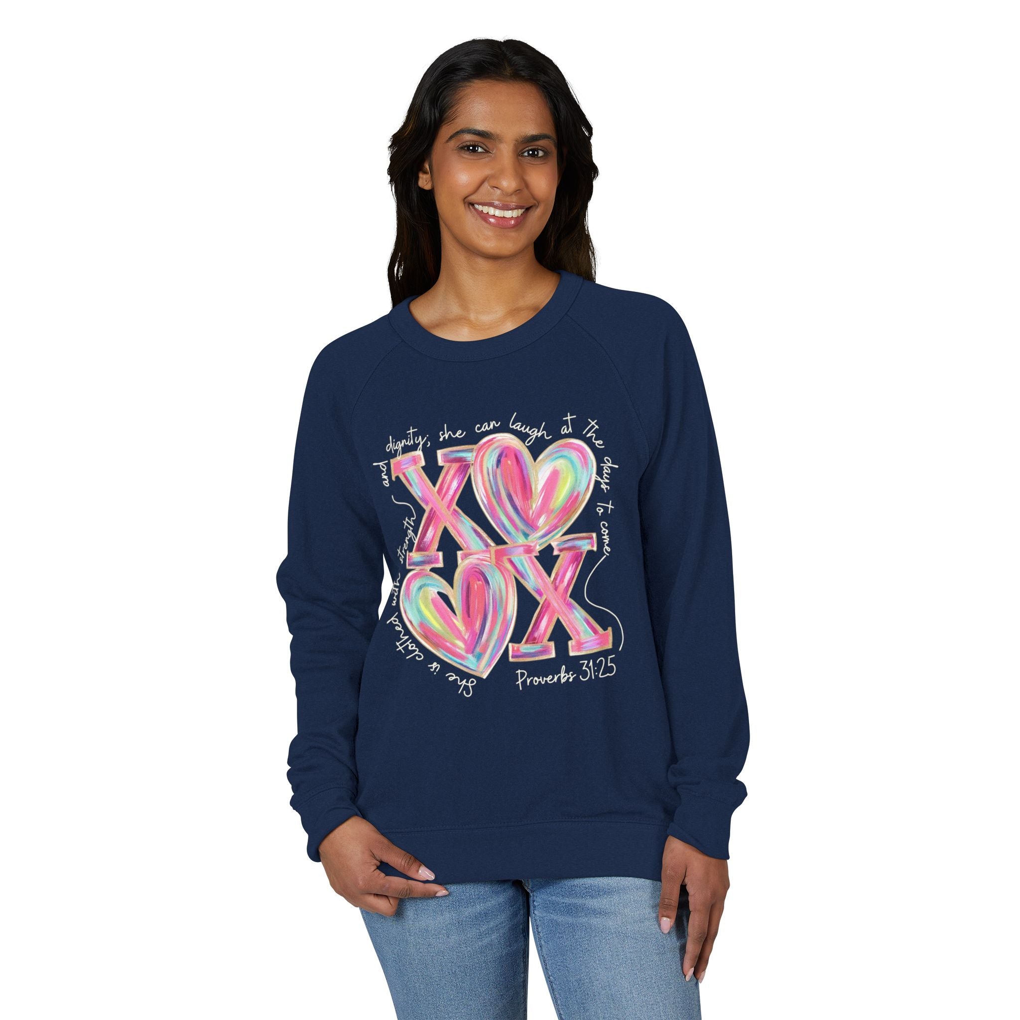 XO Proverbs 31:25 She is clothed - Raglan Crewneck Sweatshirt — Colorful Faith Graphic