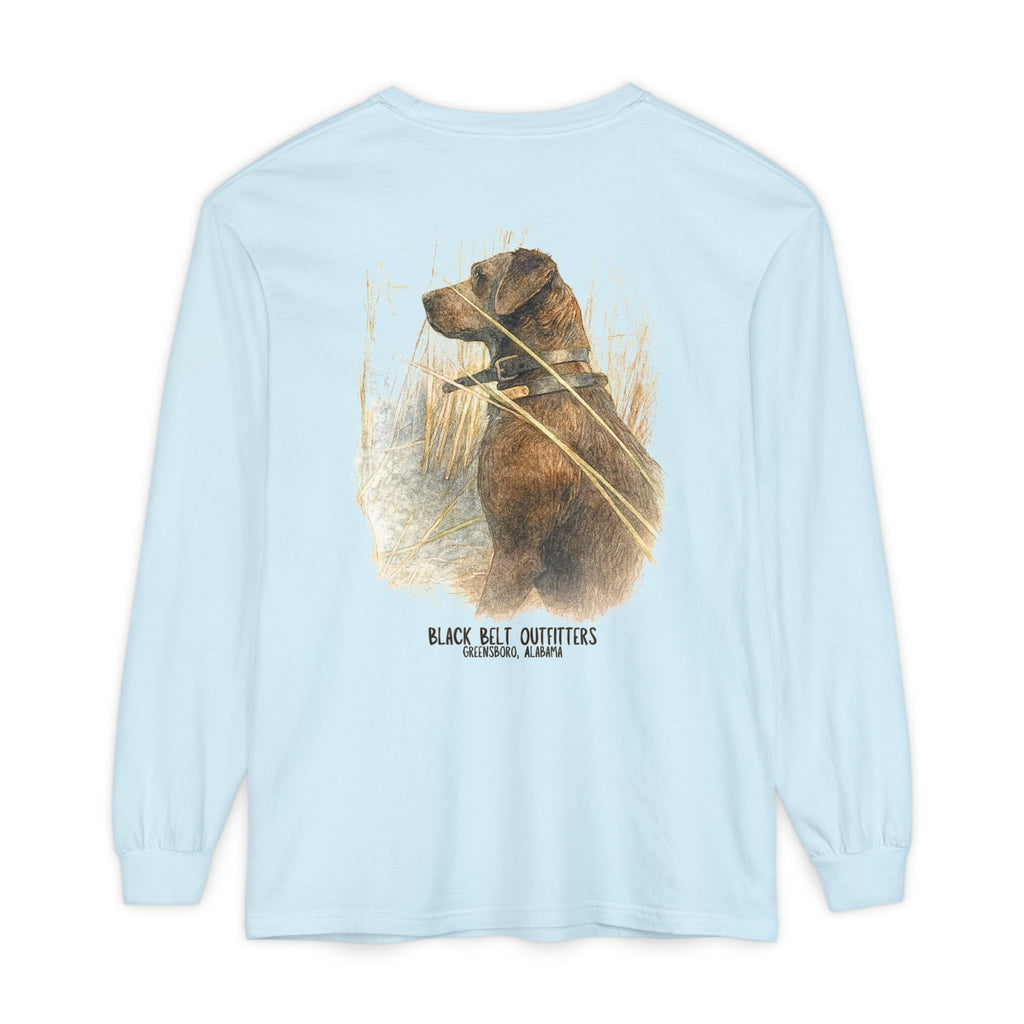 Mae the Duck Dog Lab Unisex Garment-Dyed Long Sleeve T-Shirt, Casual Wear, Gift for Him/Her, Streetwear, Everyday Comfort, Comfortable Layering