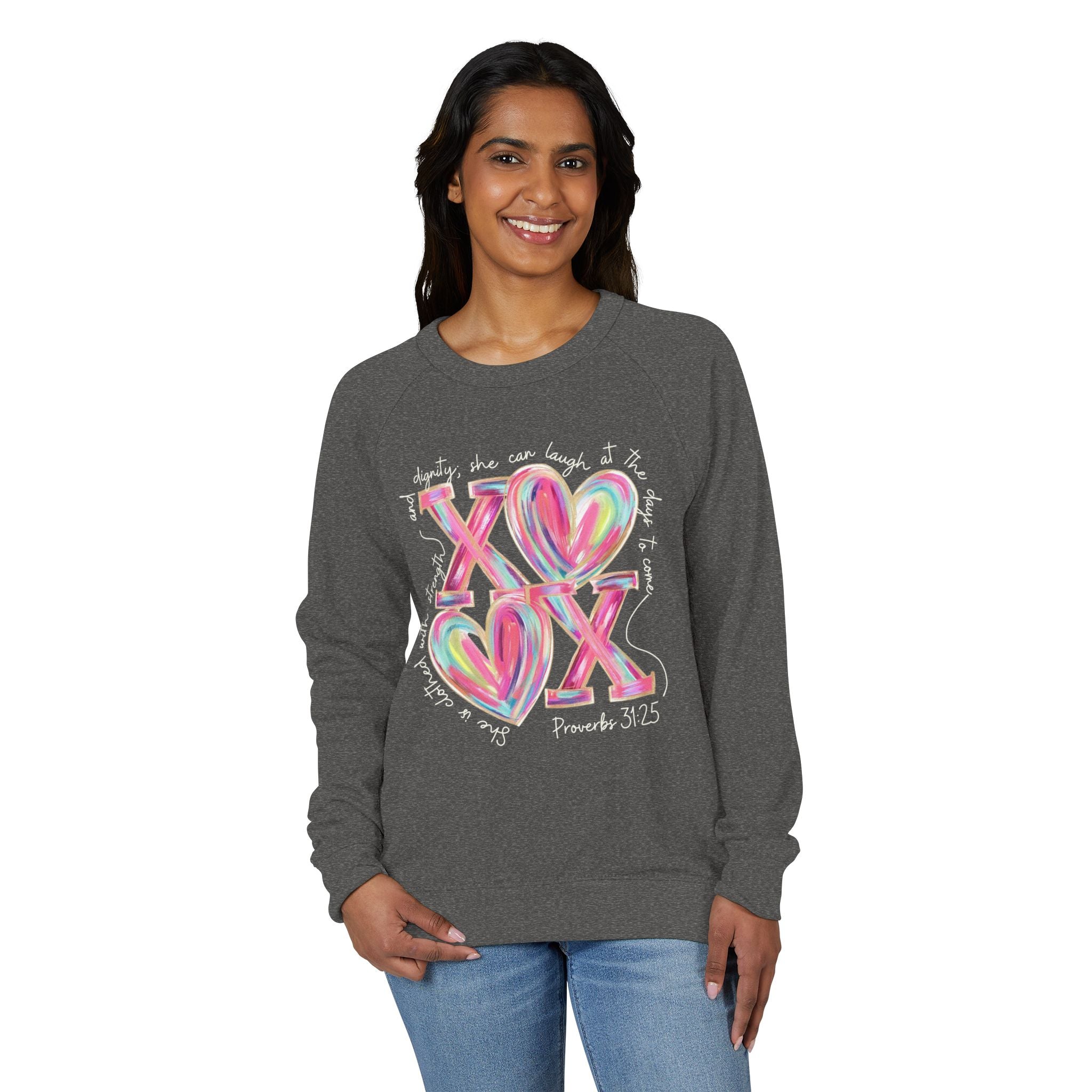 XO Proverbs 31:25 She is clothed - Raglan Crewneck Sweatshirt — Colorful Faith Graphic