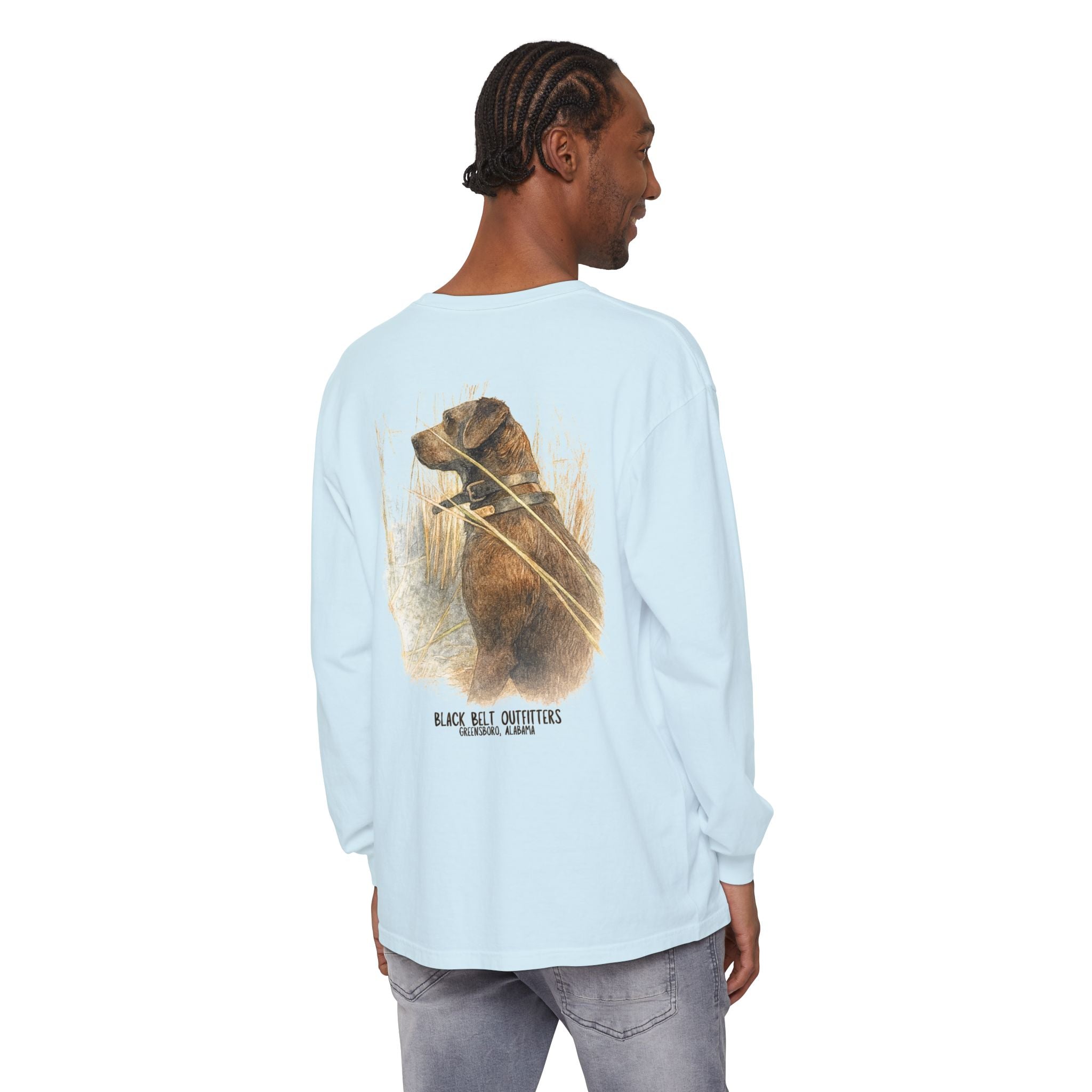 Mae the Duck Dog Lab Unisex Garment-Dyed Long Sleeve T-Shirt, Casual Wear, Gift for Him/Her, Streetwear, Everyday Comfort, Comfortable Layering