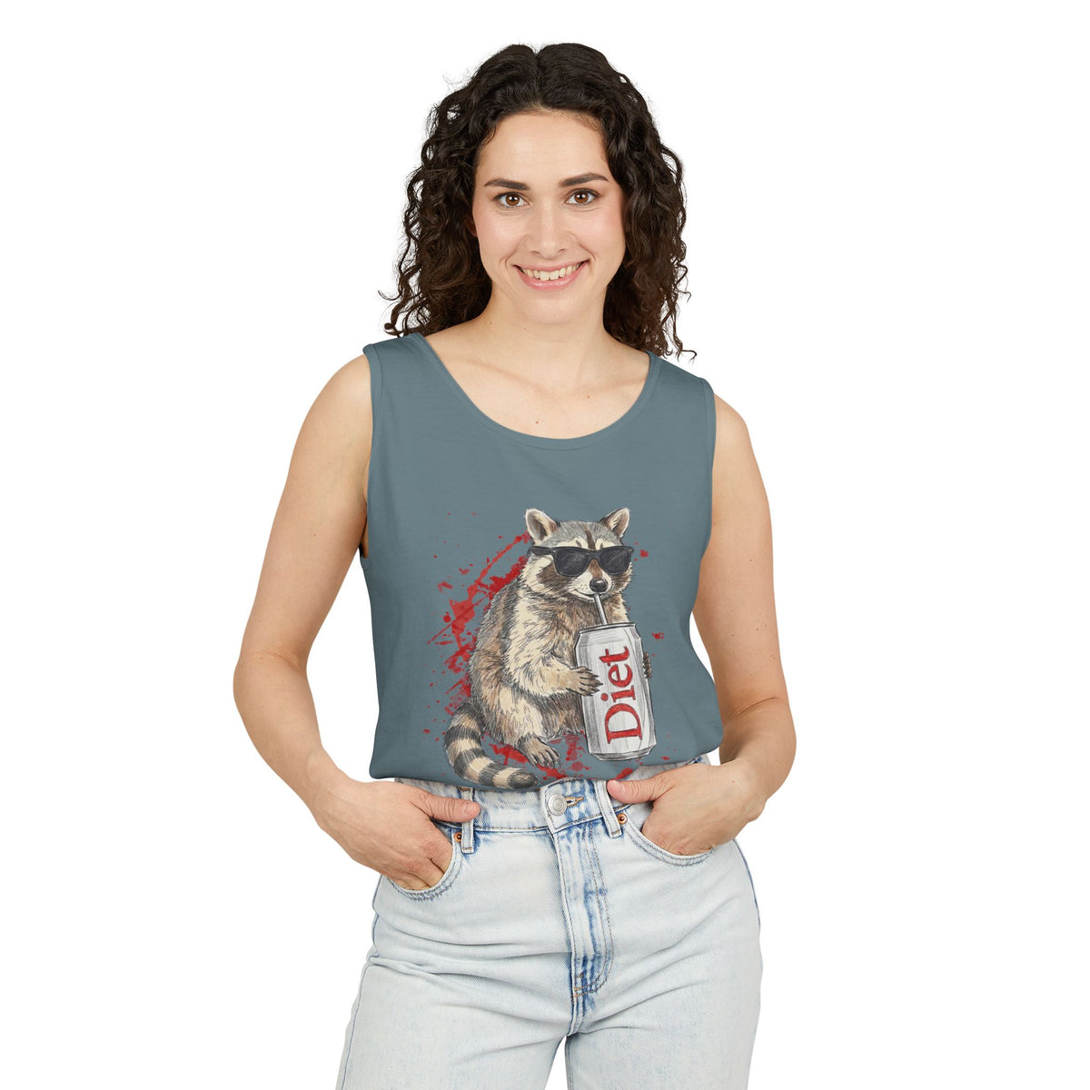 Soda Drinking, Sunglasses, Raccoon Tank Top