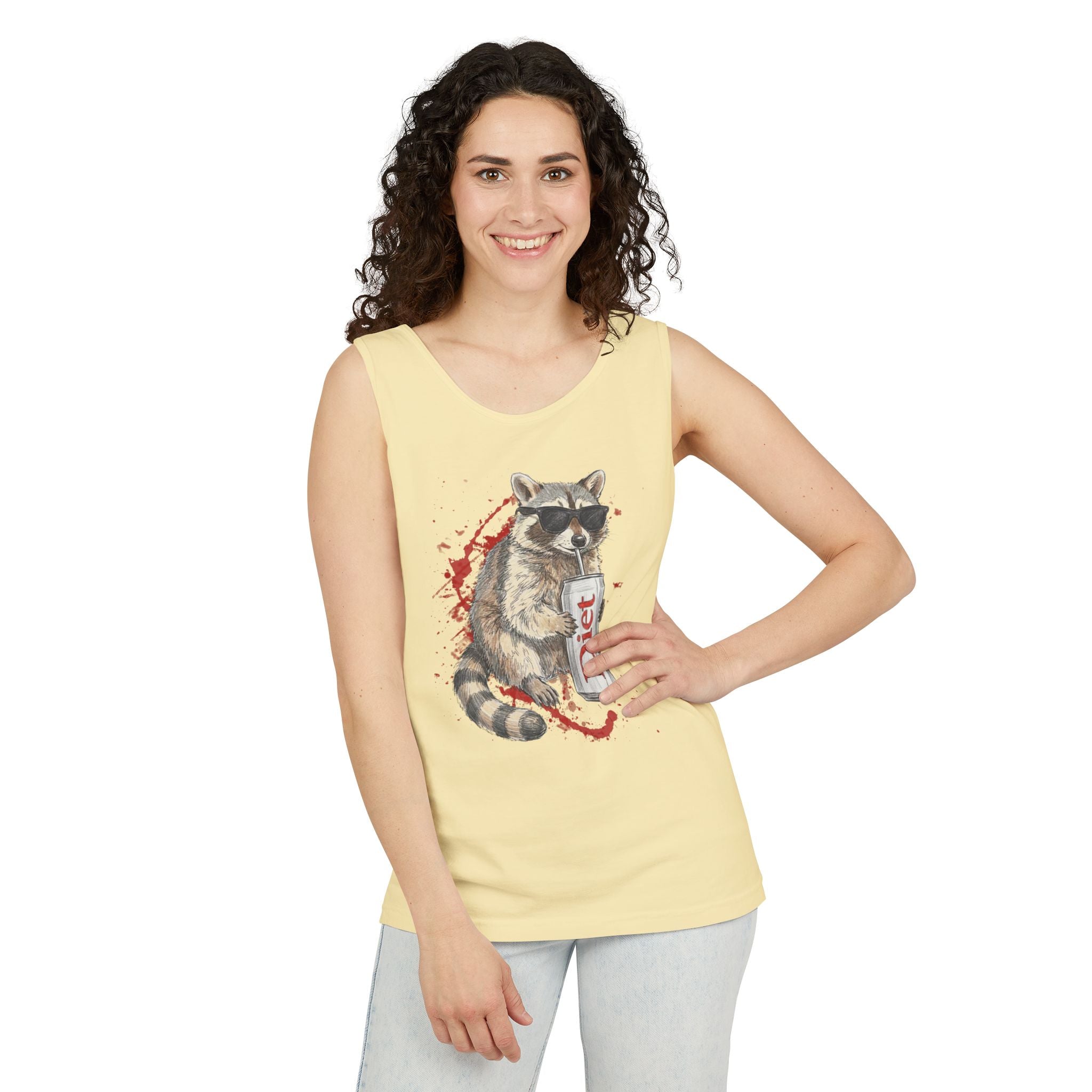 Soda Drinking, Sunglasses, Raccoon Tank Top