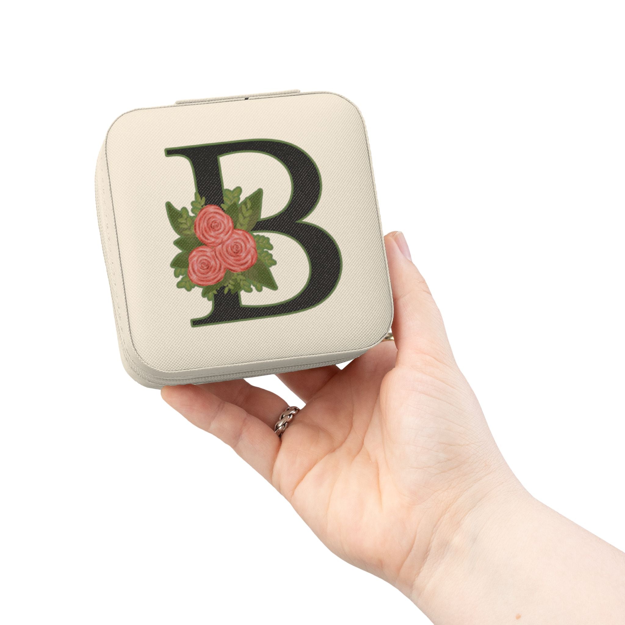 Monogram 'B' Floral Jewelry Travel Case — Compact Pink Jewelry Organizer