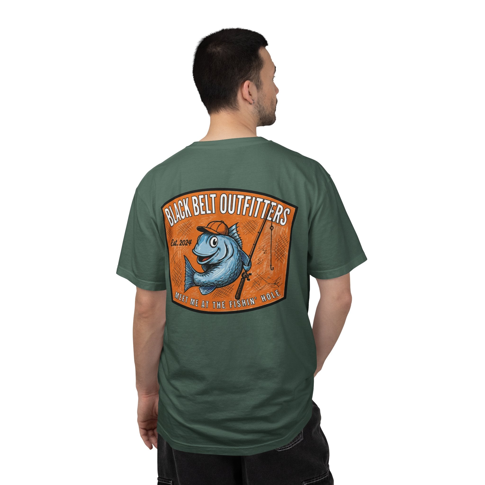 Meet Me at the Fishin’ Hole Fishing Logo T-Shirt — “Black Belt Outfitters” Vintage Fish Graphic