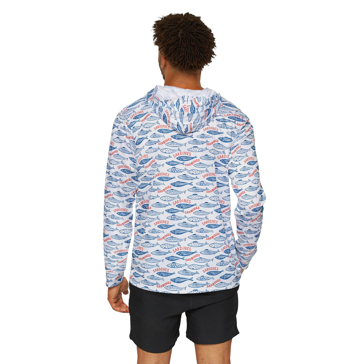 Whimsy Sardine Pattern Warmup Hoodie – All-Over-Print Coastal Fishing Pullover