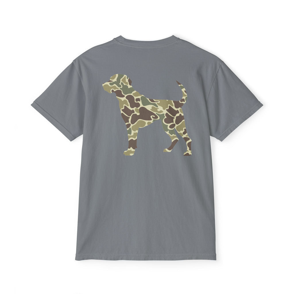 Black belt outfitters hunting dog , old camo, Custom design , Raise them outdoors , Duck hunting , ducks Unisex Garment-Dyed Pocket T-Shirt